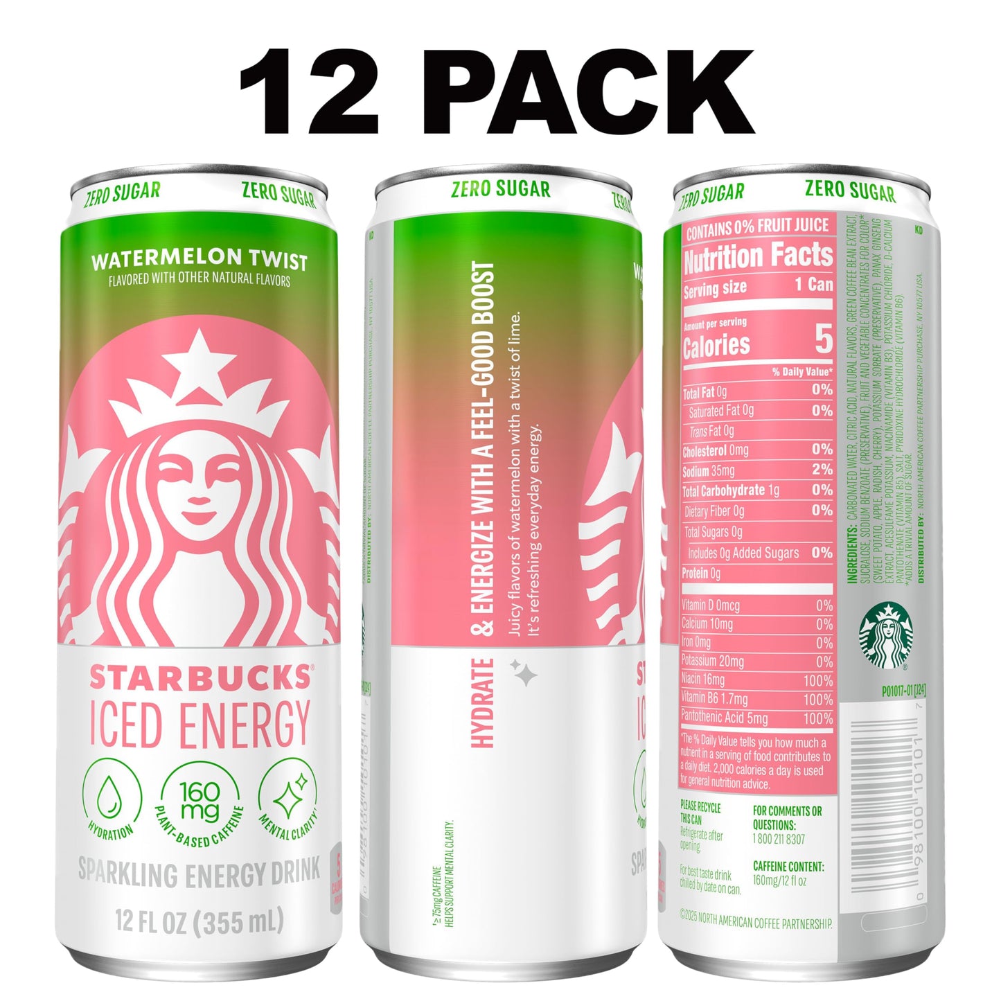 Starbucks Iced Energy Drink, Watermelon Splash, Zero Sugar, 12 Fl Oz Cans, Pack of 12