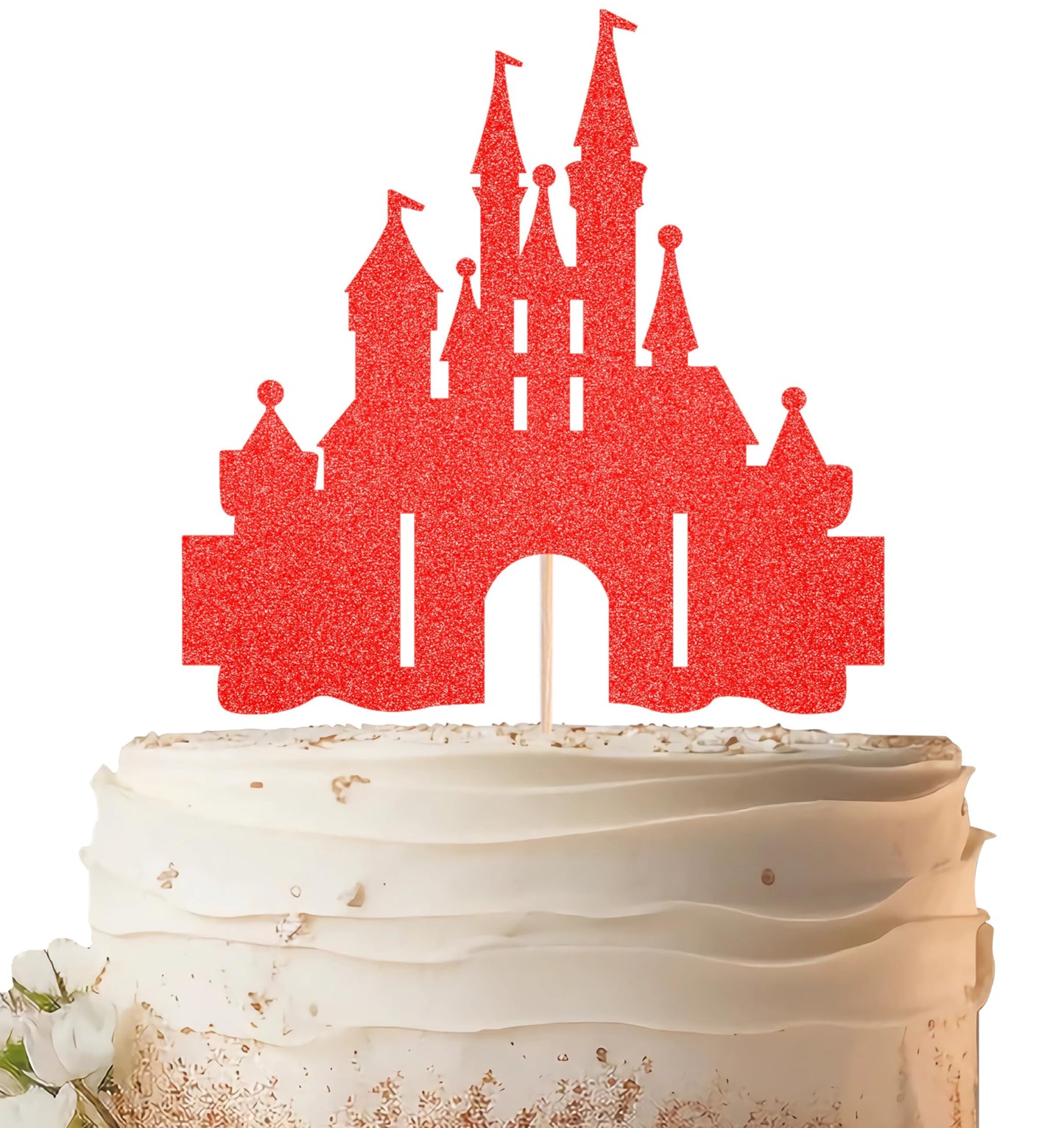 EONNCNT Castle Cake Topper - Red Glitter Cardboard Decoration for Birthday Parties and Baby Showers