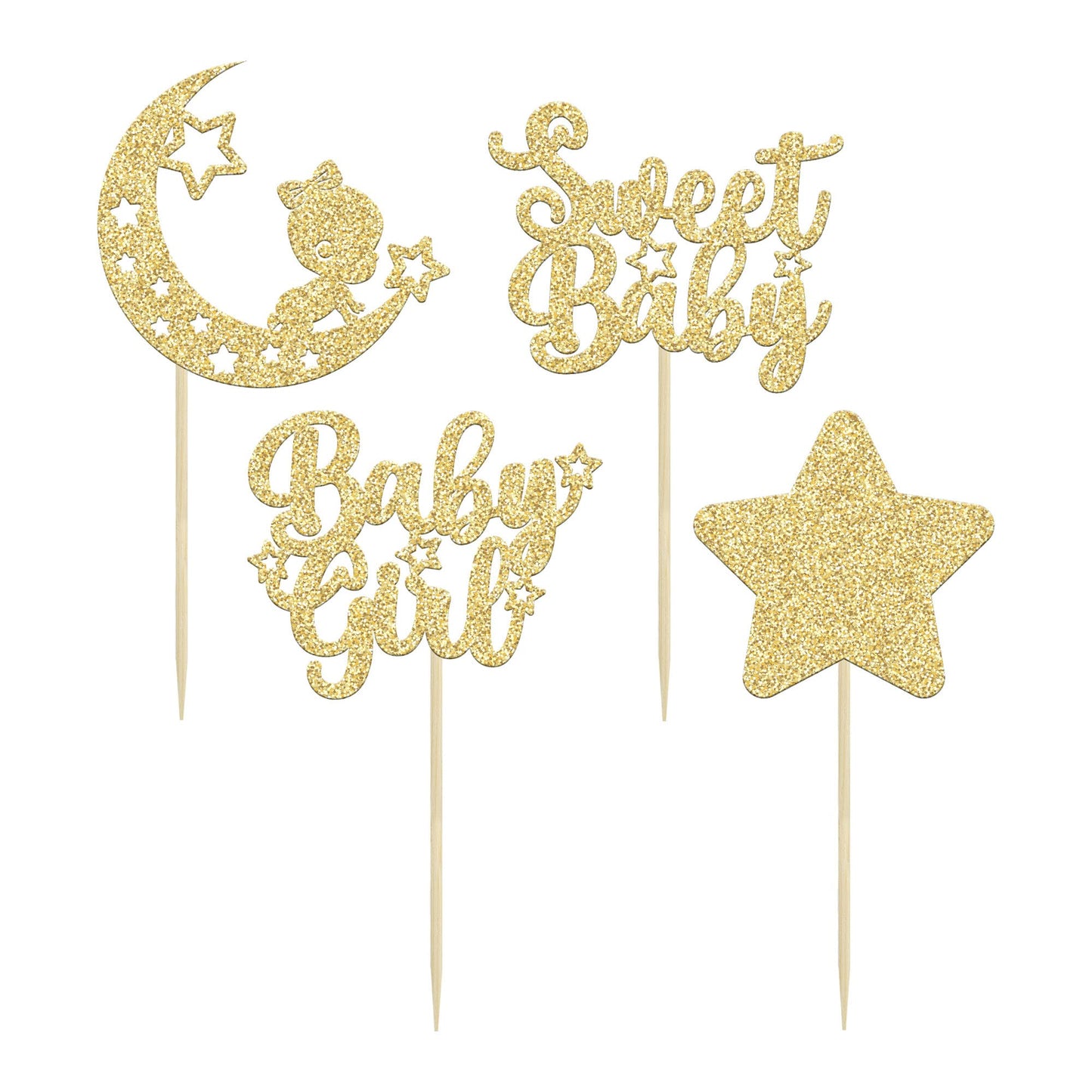 Gyufise 24Pcs Gold Glitter Baby Girl Cupcake Toppers Star Moon Sweet Baby Shower Cupcake Picks Decorations Baby Shower Girls Bir