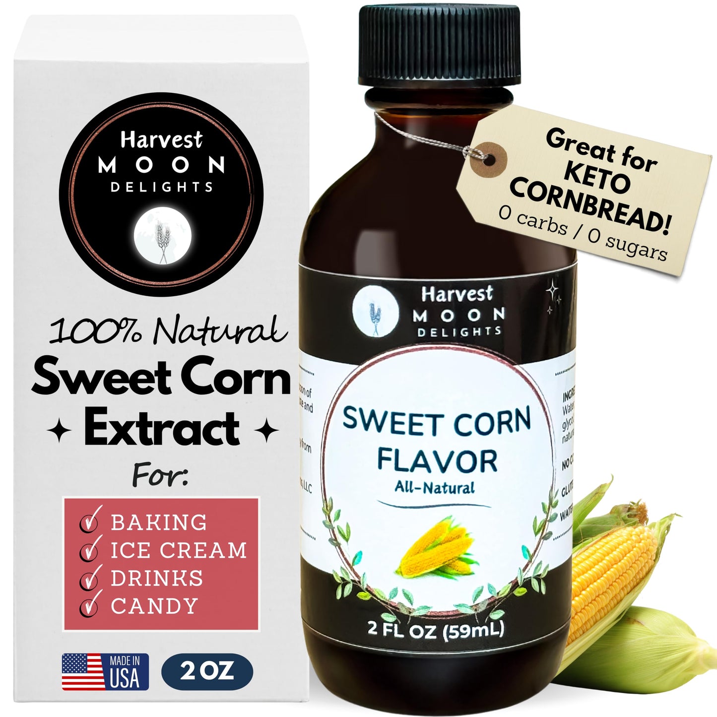 Natural Sweet Corn Extract - 2 oz - Water-Soluble - By Harvest Moon Delights - Sweet Corn Extract for Baking Keto Cornbread - Ze