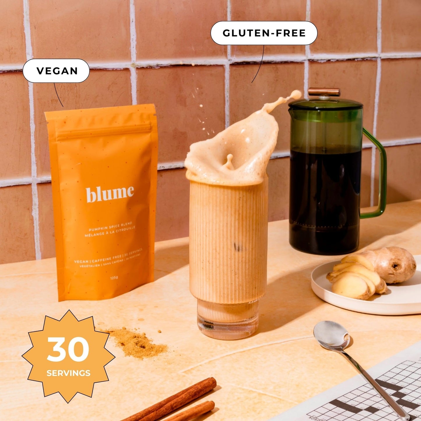 Blume Pumpkin Spice Latte - Superfoods Powdered Latte - Syrup Free, Organic & Vegan Latte - 30 Servings (125G)