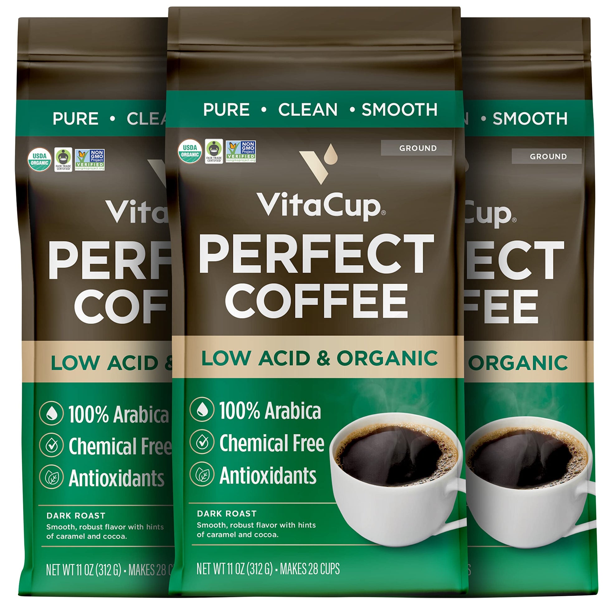 VitaCup Perfect Low Acid Dark Roast Coffee, USDA Organic, Fair Trade, Mycotoxin Free, 3 Bags, 11oz Each