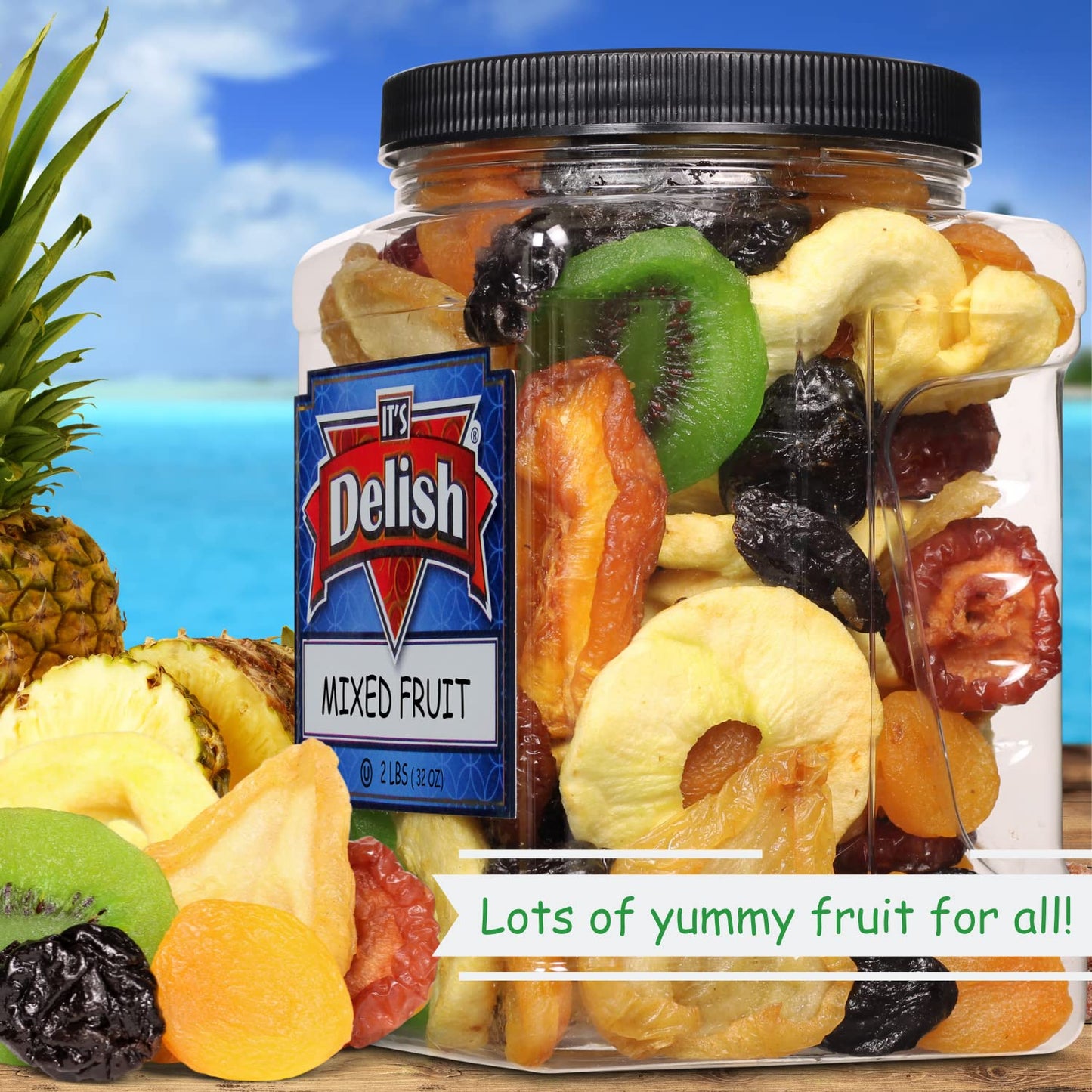 Dried Mixed Fruit With Prunes By It'S Delish, 2 Lbs (32 Oz) Jumbo Container | Snack Mix Of Prunes, Apricots, Plums, Apple Rings,