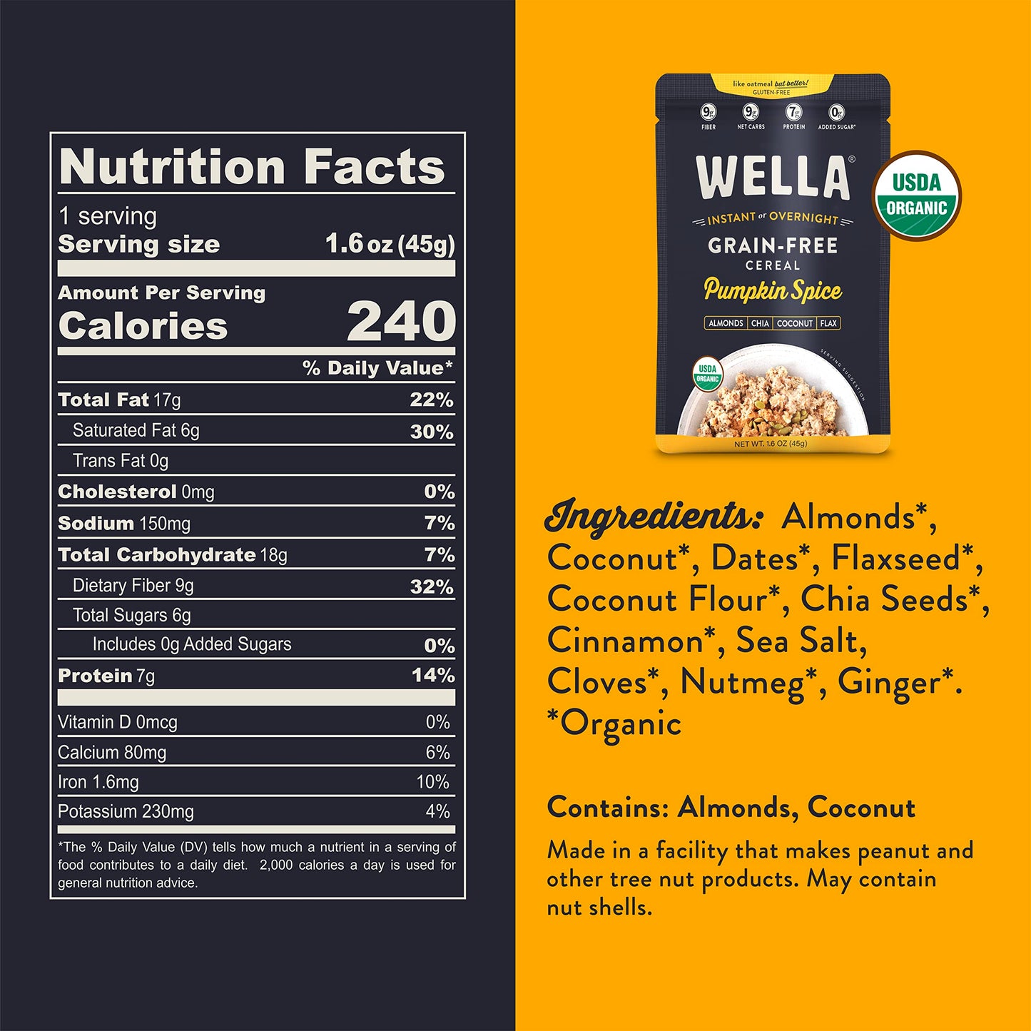 Wella Gluten-Free Pumpkin Spice Hot Cereal, 10 Pack, 1.6 oz, Plant-Based, High Protein