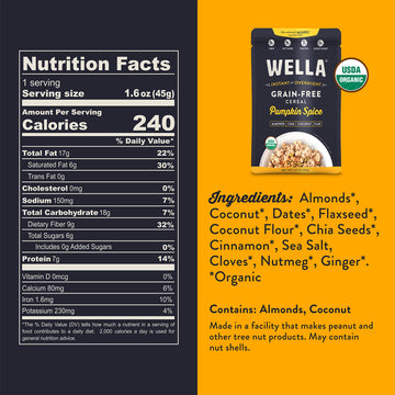 Wella Gluten-Free Pumpkin Spice Hot Cereal, 10 Pack, 1.6 oz, Plant-Based, High Protein