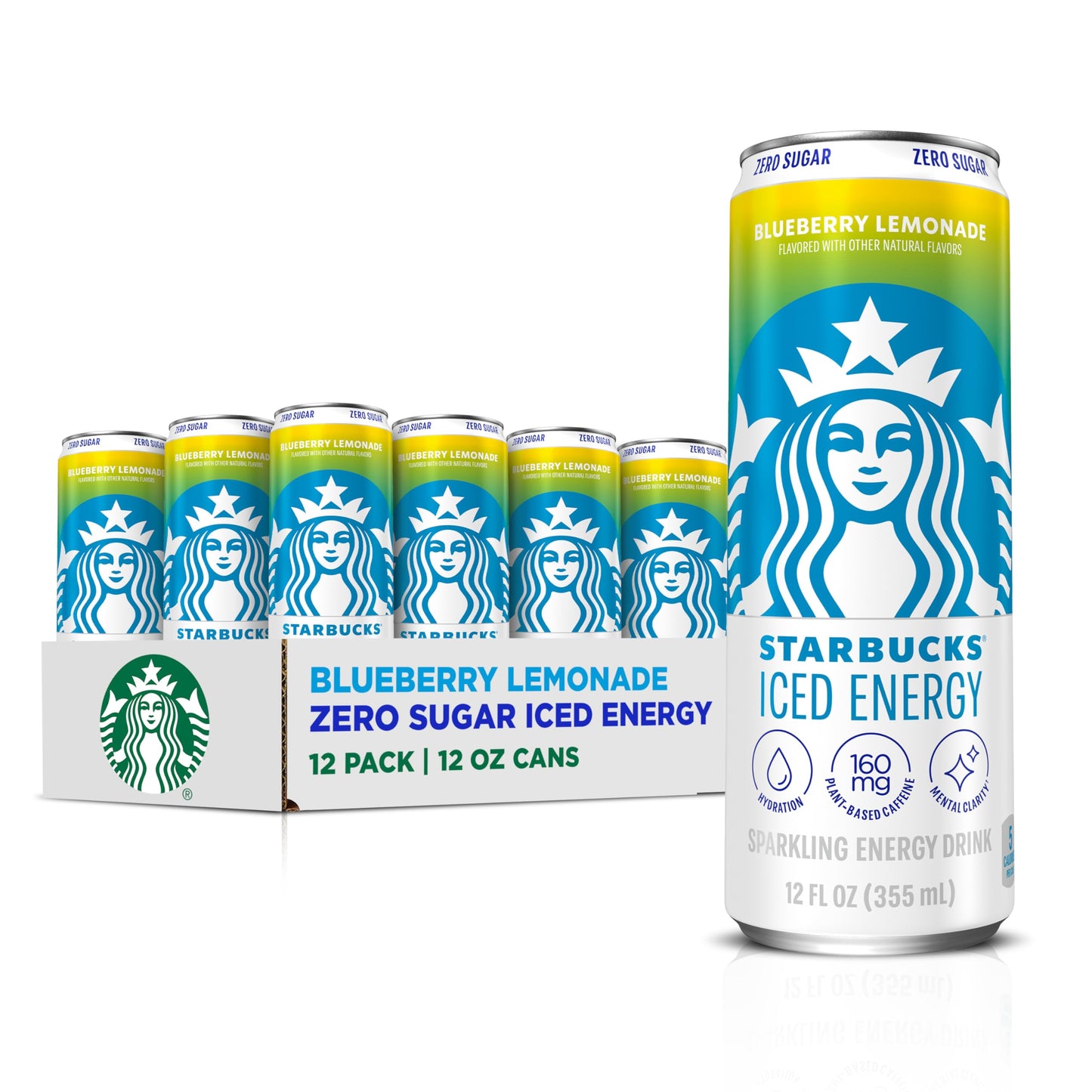Starbucks Iced Energy Drink, Blueberry Lemonade, Zero Sugar, Plant-Based Caffeine, 12 Fl Oz Cans (Pack of 12)