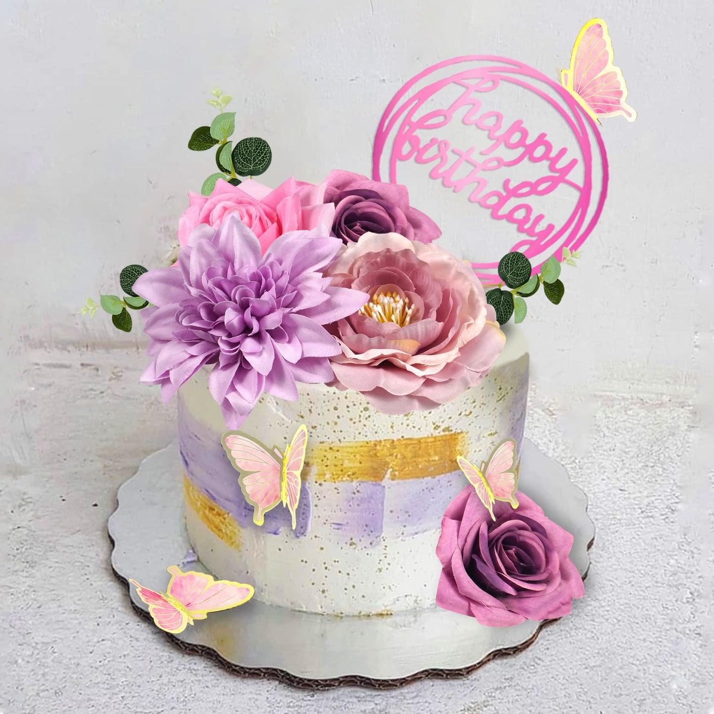 20 Pcs Flower Cake Toppers Butterfly Cake Decorations Happy Birthday Cake Toppers With Pink Purple Flowers Eucalyptus Butterflie
