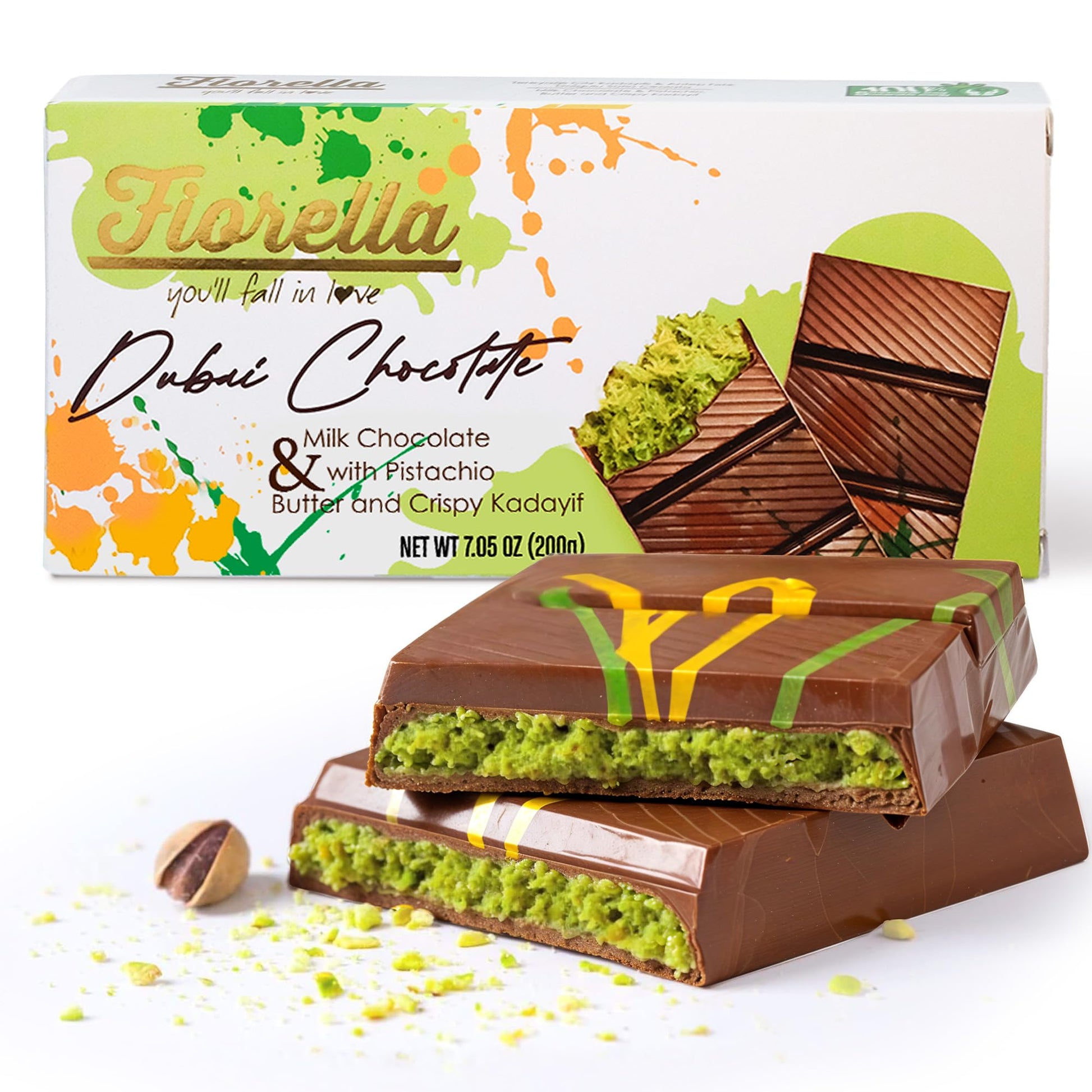 Fiorella Dubai Chocolate Bar Pistachio, Luxury & Premium Dubai Milk Chocolate Bar Filled with Pistachio Butter & Shredded Knafeh