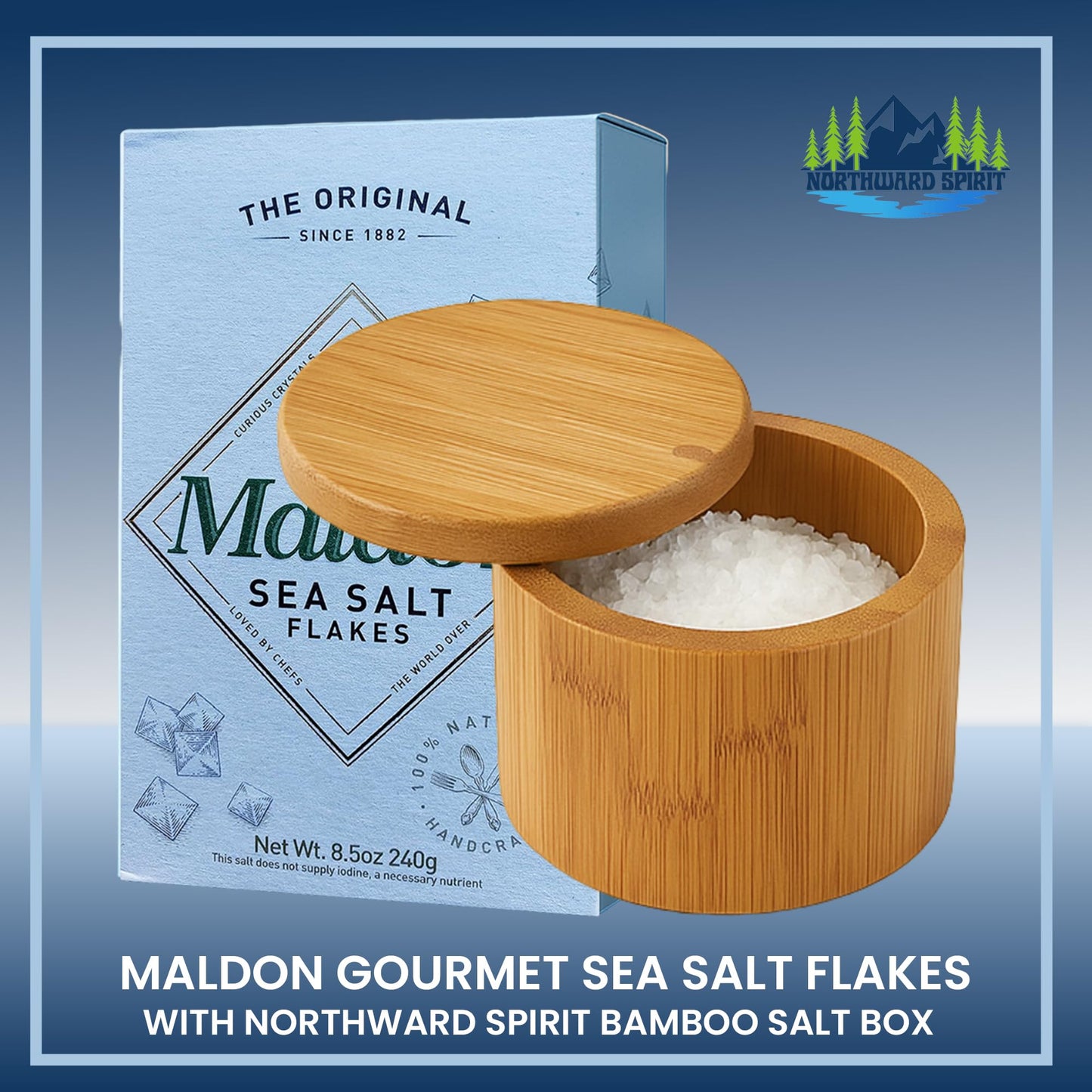 Bamboo Salt Box Cellar Canister Gift Set With Maldon Sea Salt Flakes 8.5 Oz Box - Great For Salts, Spices, Seasonings In Your Gourmet Kitchen By Northward Spirit