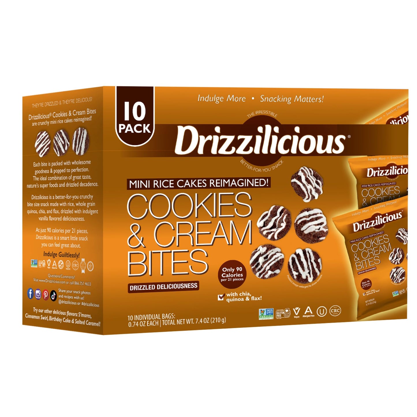 Drizzilicious Mini Rice Cakes Cookies & Cream, Vegan, Gluten Free, 0.74 oz (Pack of 10)
