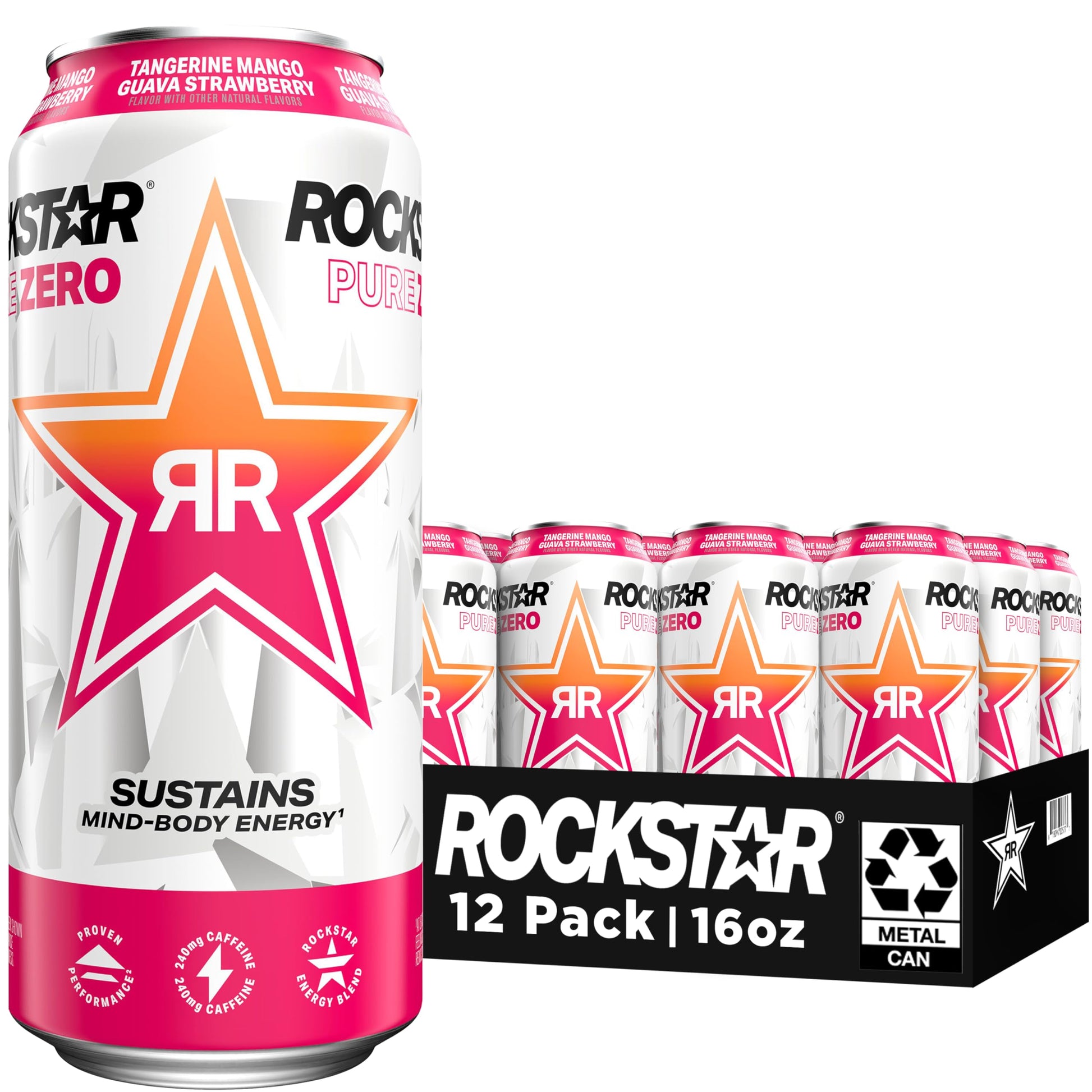 Rockstar Pure Zero Energy Drink, Tangerine Mango Guava Strawberry, 0 Sugar, 16 Fl Oz (Pack of 12)
