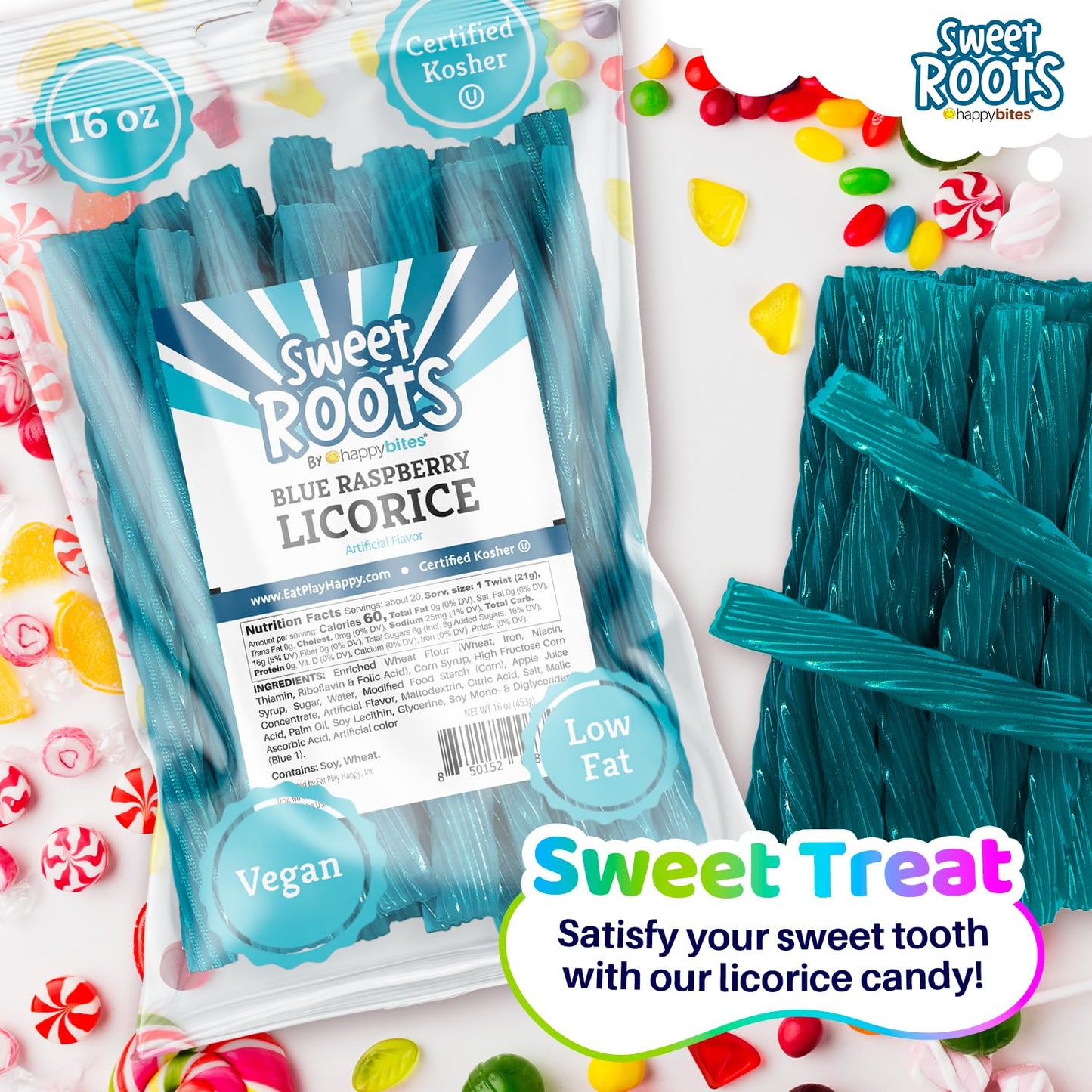 Happy Bites Blue Raspberry Licorice Twists (16 Oz) - Jumbo Size - Made With Real Fruit Juice - Certified Kosher - Vegan - Gourme
