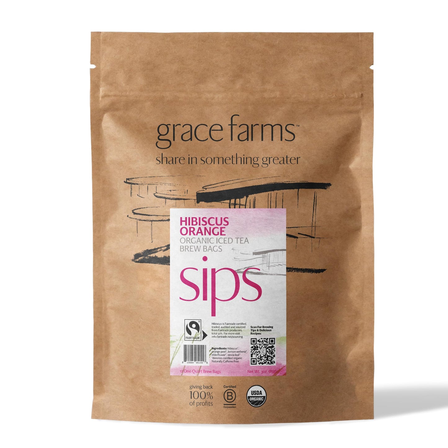 Grace Farms Organic Hibiscus Orange Iced Tea - 12 Brew Bags, 3 Gallons, Naturally Sweet, Sugar-Free, Refreshing Beverage