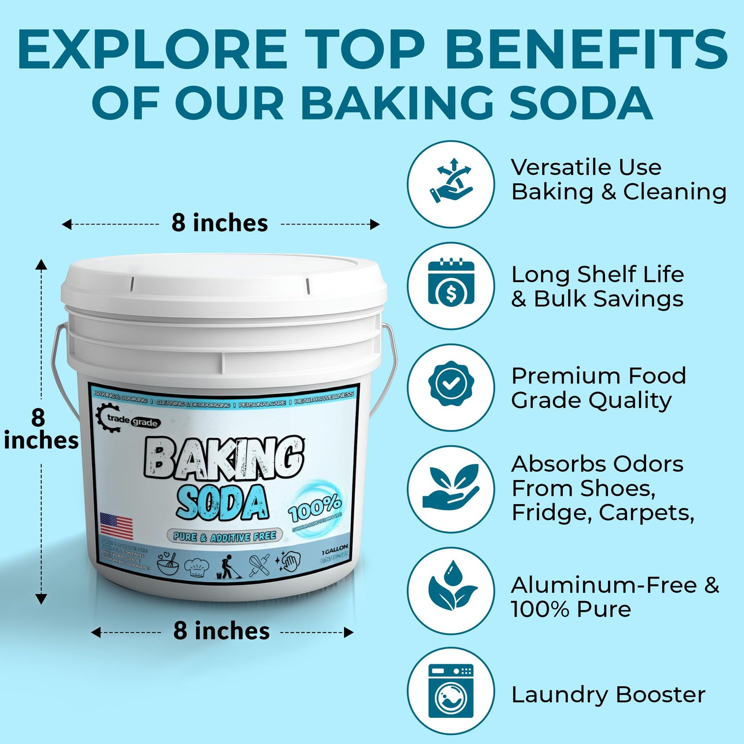 TradeGrade Pure Baking Soda Powder - 1 Gallon Bucket  Sodium Bicarbonate Powder | enhanced Food-Grade for Baking  Bread  Cookies & More | Baking Soda for Cleaning  Natural Cleaner & Deodorizer (1 Gallon)