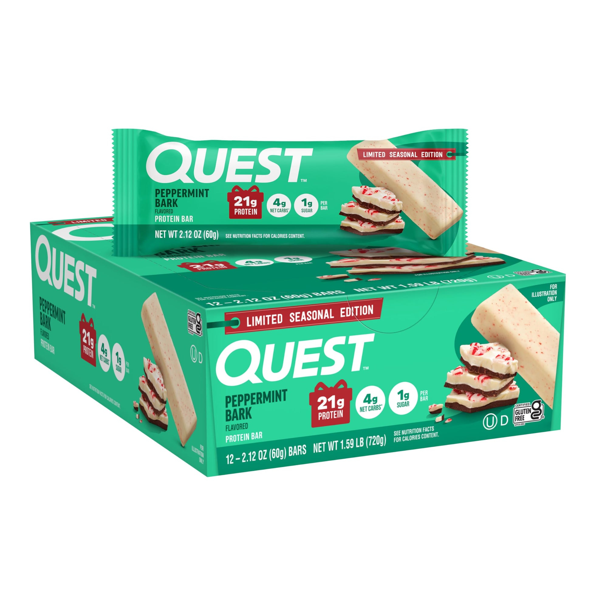 Quest Nutrition Peppermint Bark Protein Bar, 21g Protein, 4g Net Carb, 1g Sugar, Gluten Free, 12 Count