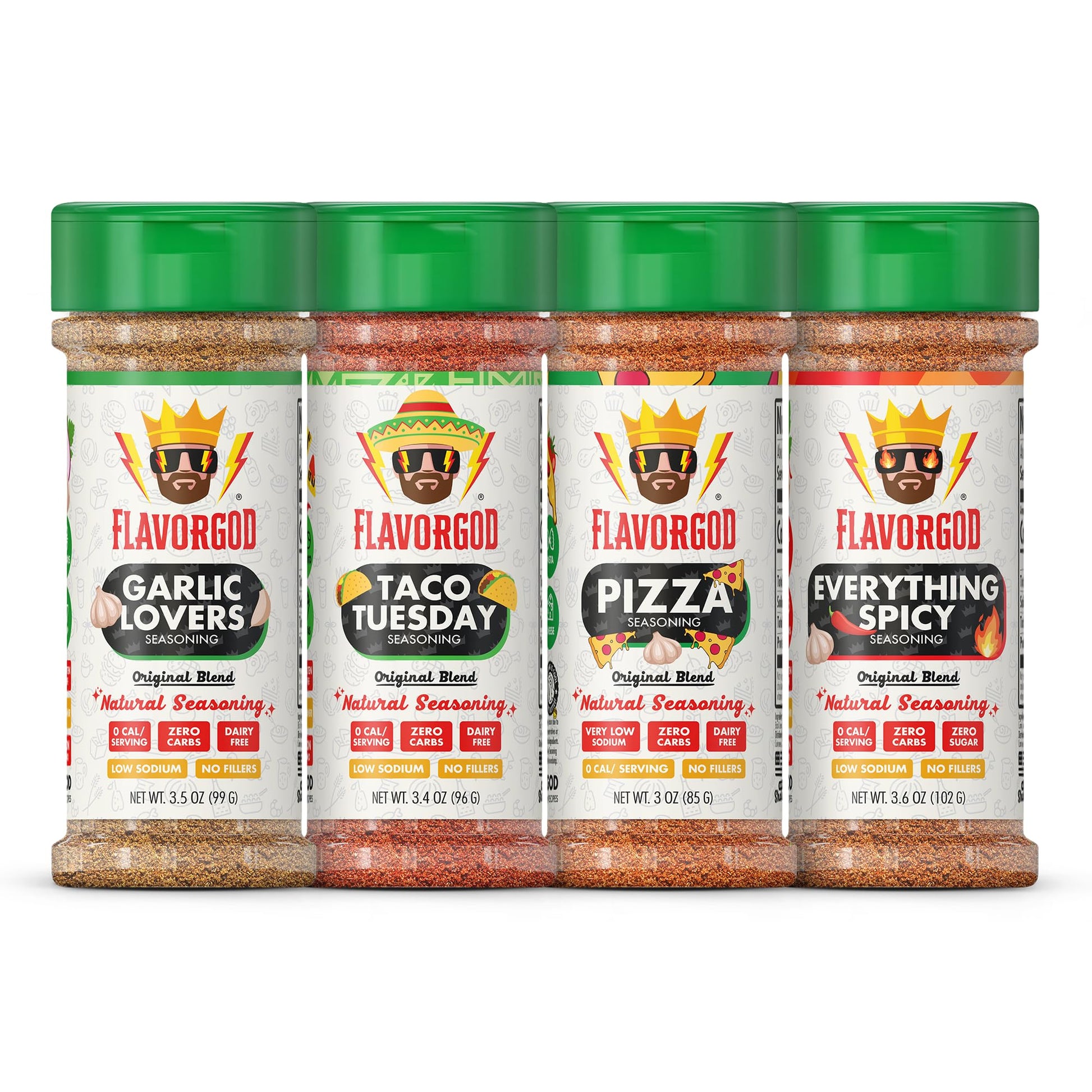 Savory & Spicy Combo Pack Of 4, Herbs, Spices And Seasoning Gift Set - Garlic Lovers, Everything Spicy, Taco Tuesday, Pizza - Enhanced All Natural & Healthy Spice Blend - Flavor God Seasonings