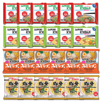 Japanese Sapporo Style Ramen Noodle Variety Pack, 24 Count Instant Soup Sampler With Original, Chicken, Tonkotsu, and Miso Flavo