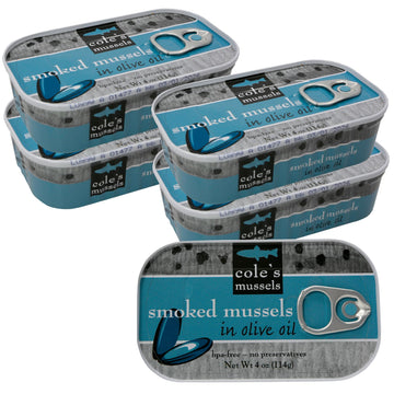 Coles Smoked Mussels in Extra Virgin Olive Oil, 4oz Hand-Packed, 14g Protein, Pack of 5