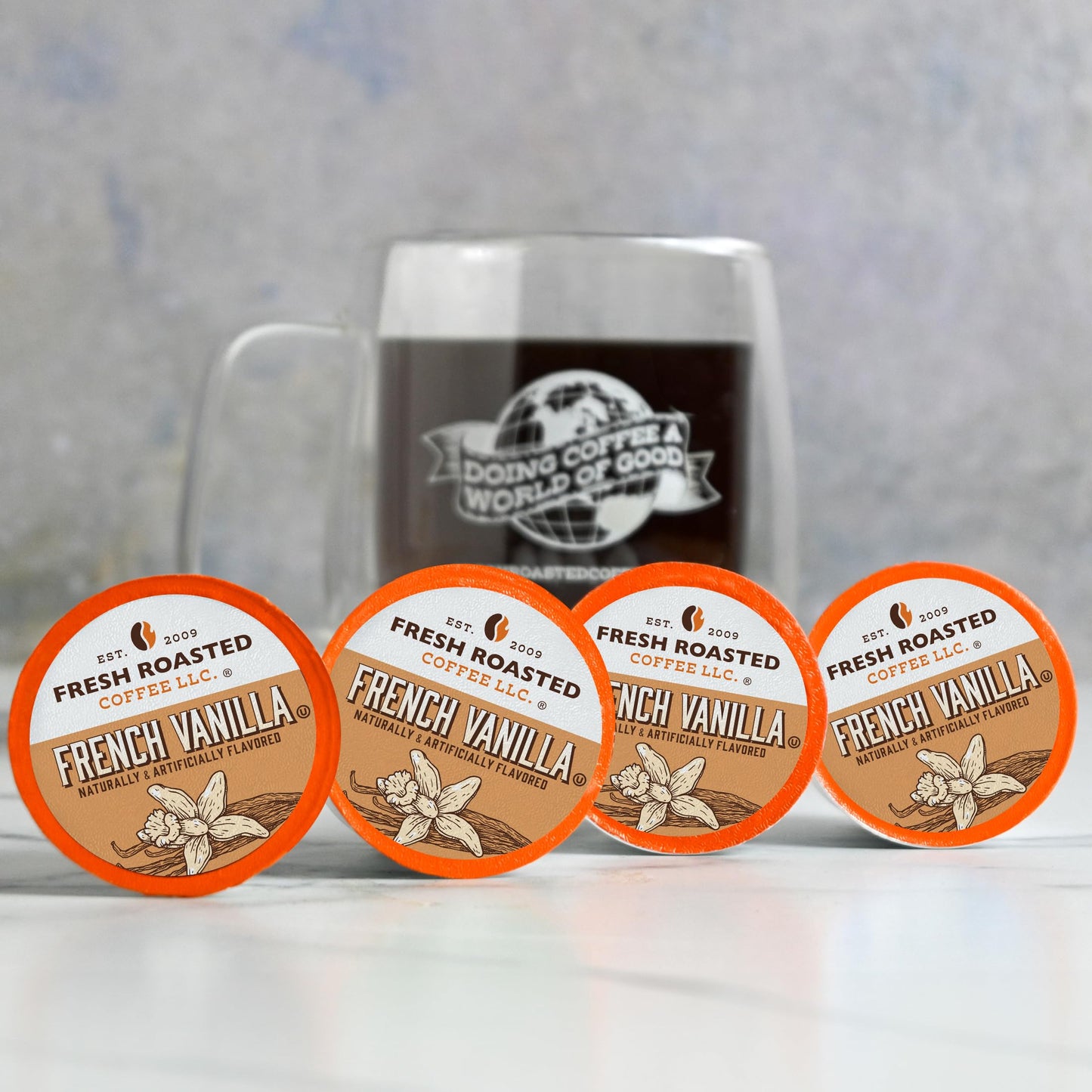 Fresh Roasted Coffee, French Vanilla, Flavored Coffee Pods, 72 Count