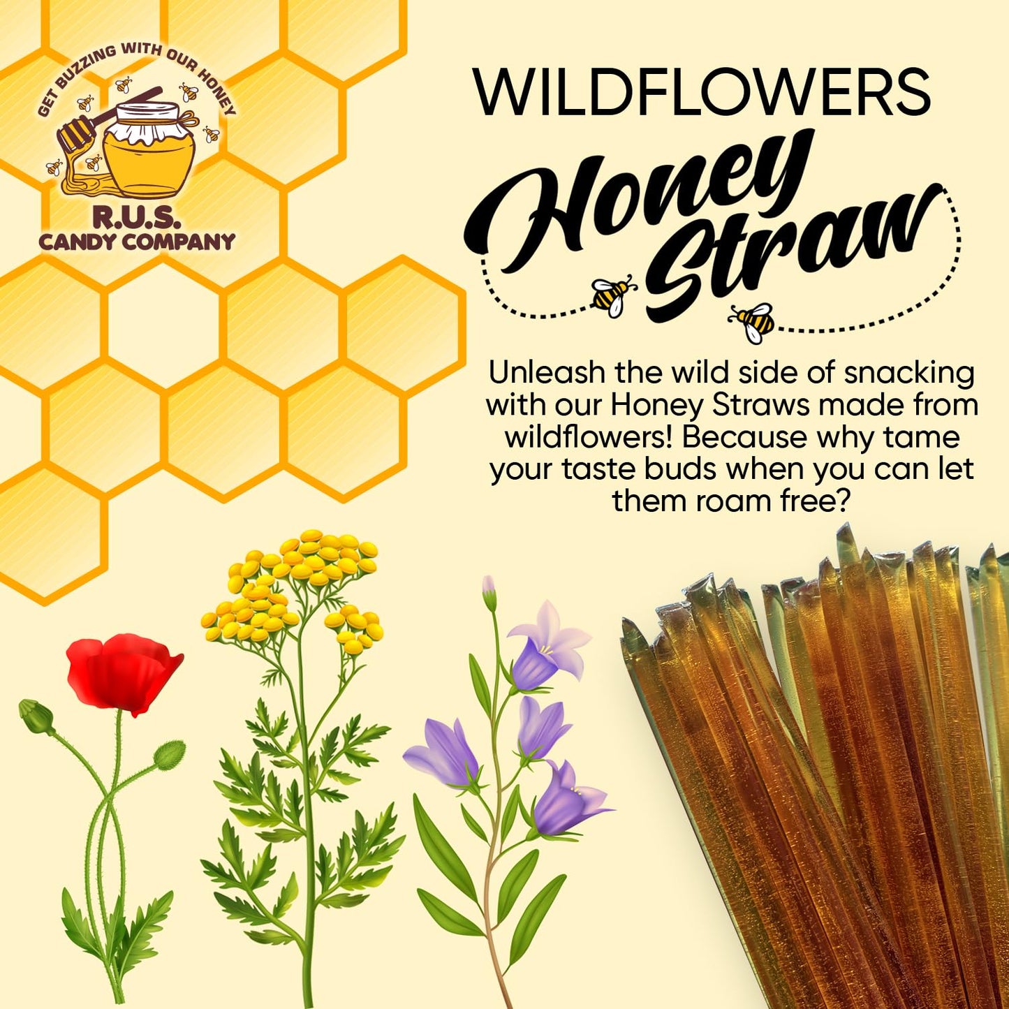R.U.S. Candy Honey Sticks - 25 Pack Single Serve Stir Sticks, Natural Wildflower Flavor
