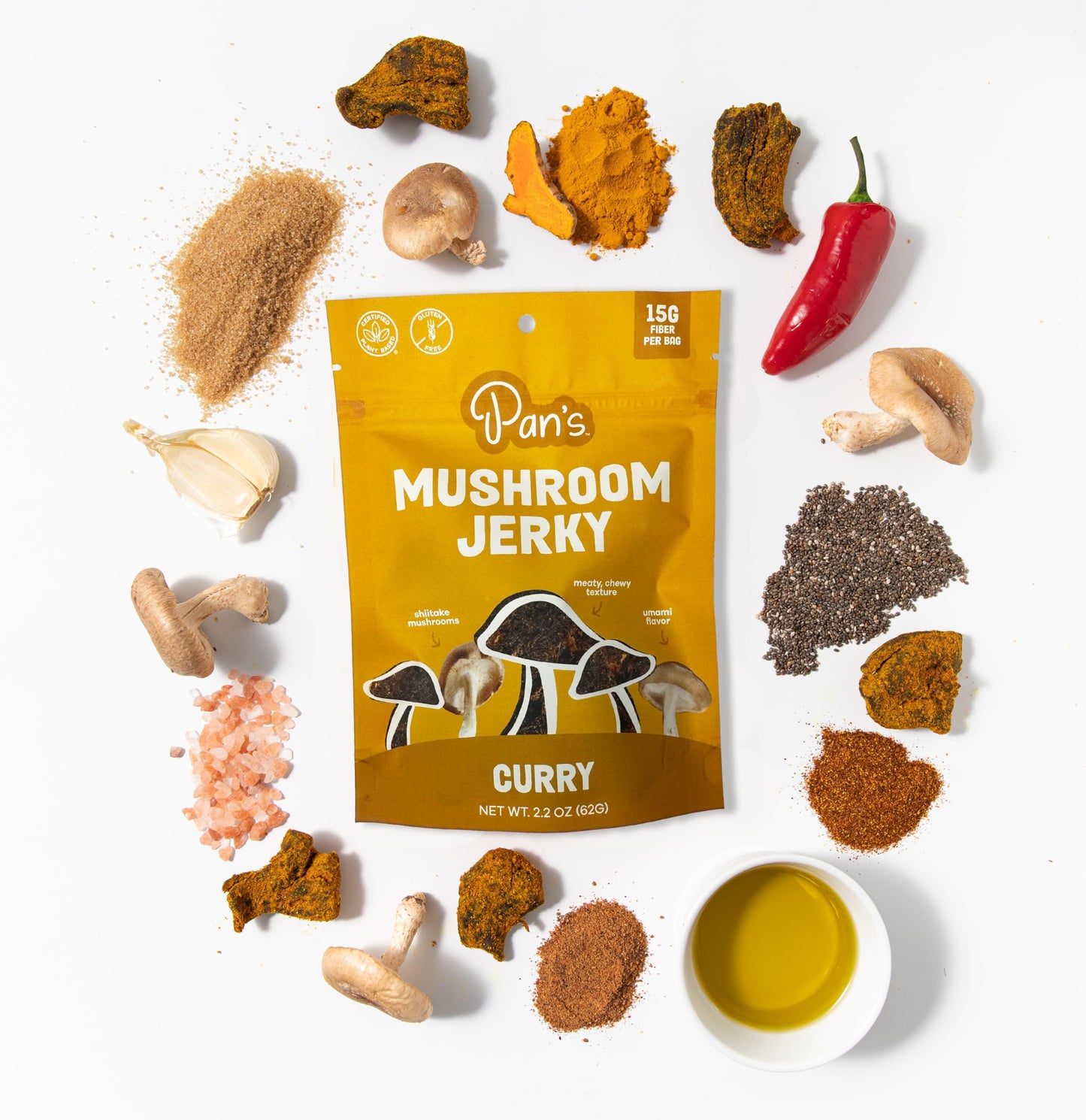 Pans Mushroom Jerky, Vegan, Gluten Free, Curry Flavor, 2.2 Ounce, Plant-Based Snack