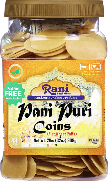 Rani Pani Puri Coins (Uncooked, Microwaveable Wheat Semolina Coins) 32oz (2lbs) 908g w/Pani Puri Masala (14-Spice Blend for Indi