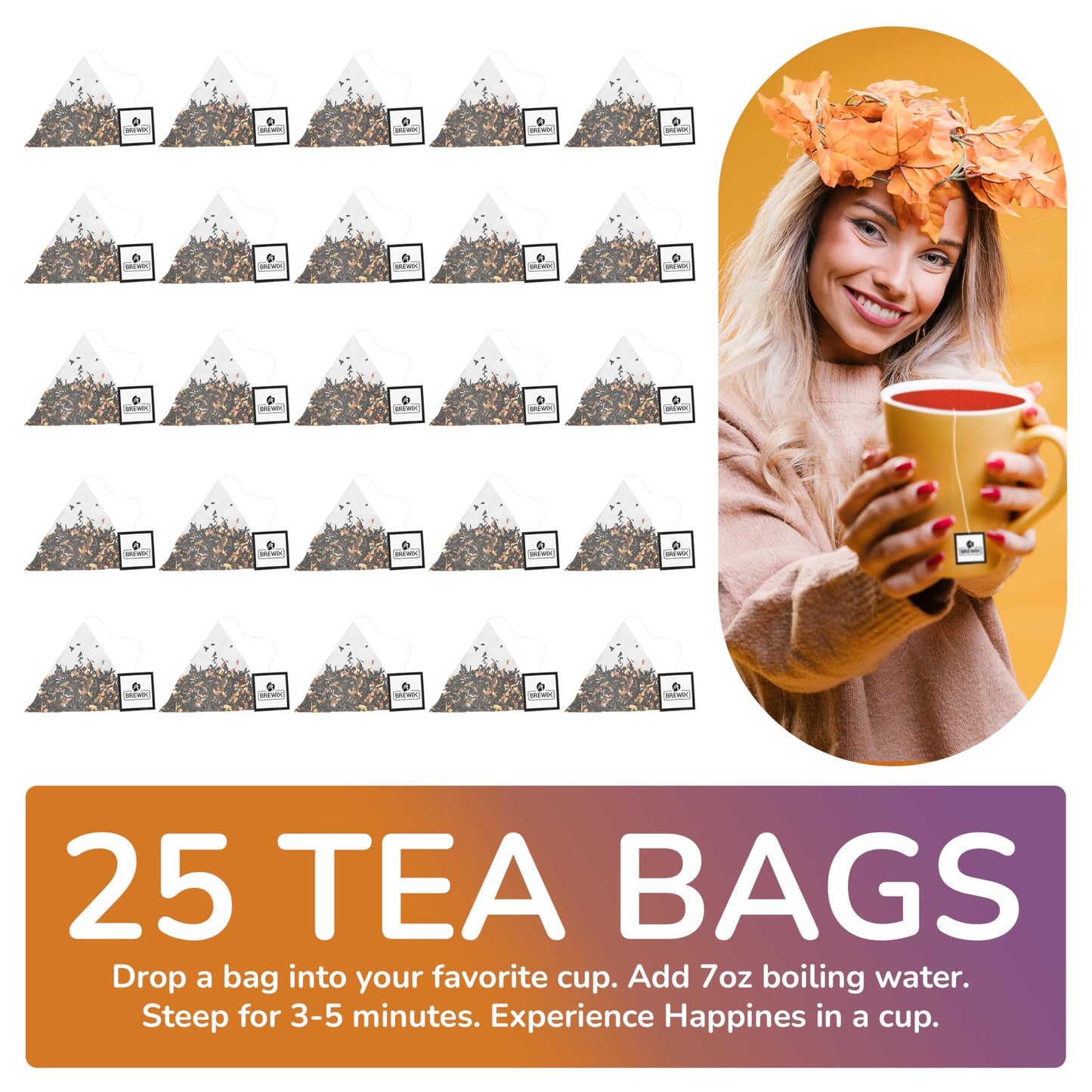 Brewix, Pumpkin Spice Black Tea (25 Pyramid Tea Bags) | Fall Tea | Halloween Tea | Warm And Spicy Tea