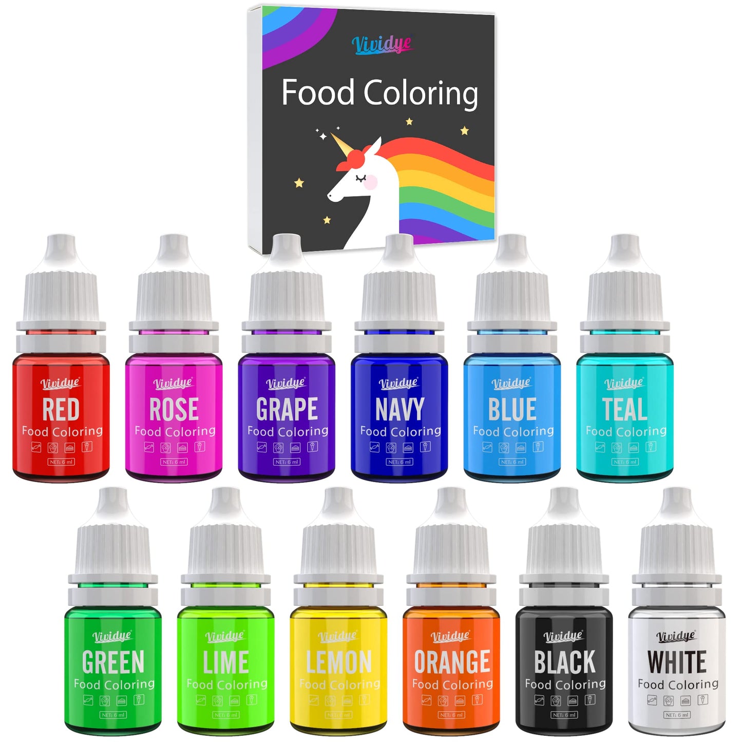 Vividye Food Coloring Set - 12 Liquid Tasteless Colors for Baking, 0.25 Fl Oz Bottles, Includes Red, Blue, Green, and More