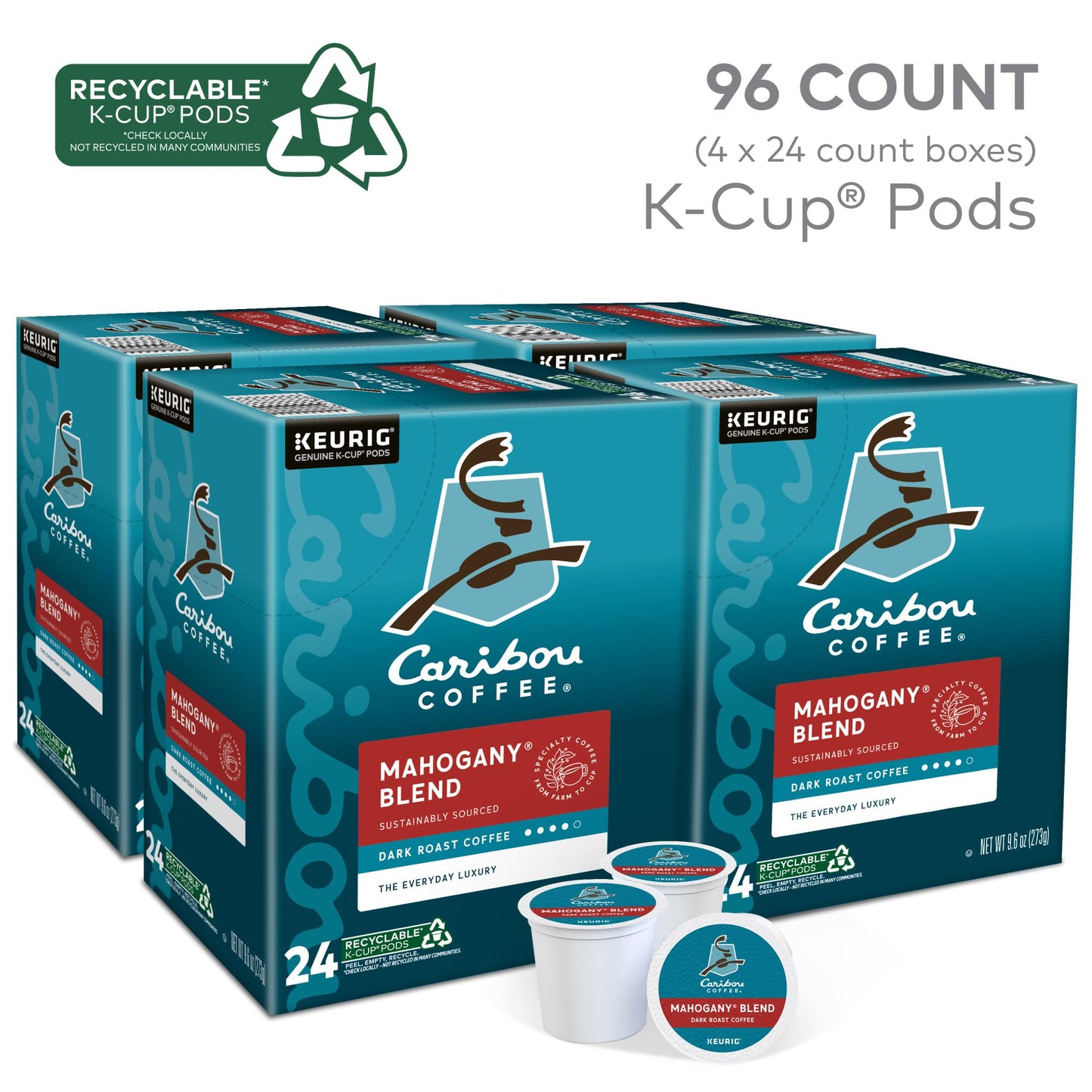 Caribou Coffee Mahogany K-Cup Pods, Dark Roast, 96 Count, 24 Count (Pack of 4), White, Model 5000203157