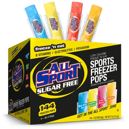 All Sport Sugar-Free - Freezer Pops, Giant Sized 3oz, 144 CT Refreshing Ice Pops with Electrolytes, B Vitamins & Potassium -Blue