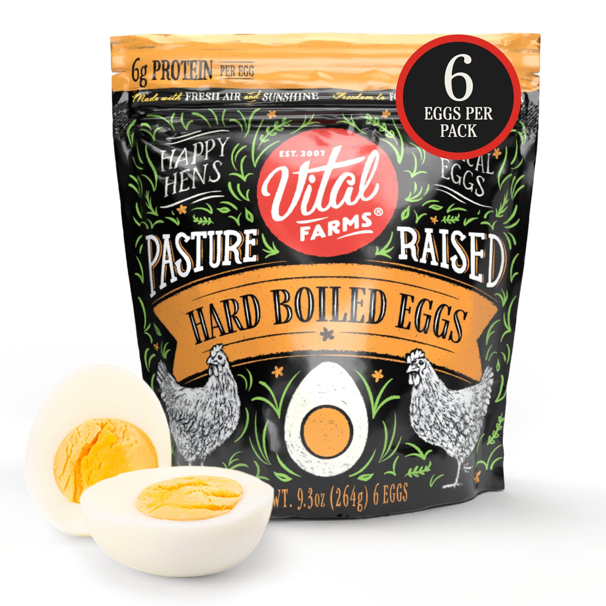 Vital Farms, Pasture-Raised Hard Boiled Eggs, Resealable Bag, 6 Ct