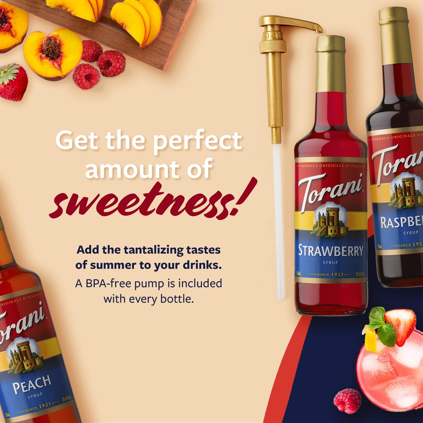 Torani Strawberry  Peach  and Raspberry Syrup for Drinks  Variety 3-Pack  Flavoring for Iced Tea  Lemonade  and Sodas  Pumps Included  25.4 Oz Ea