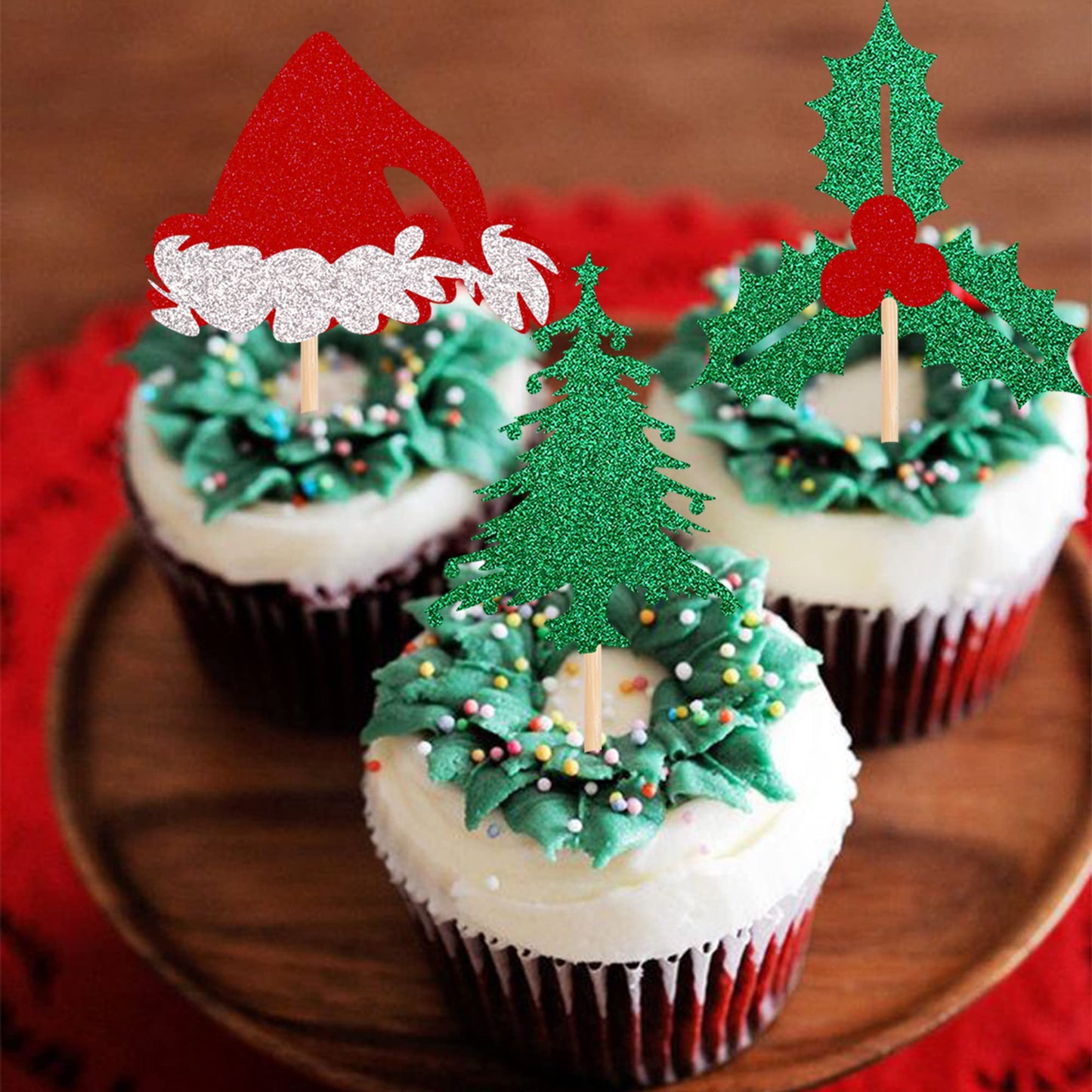 24 Pcs Christmas Holly Leaves And Berries Cupcake Toppers Glitter Santa Hat Christmas Tree Cupcake Picks Winter Merry Christmas Theme Birthday Party Cake Decorations Supplies