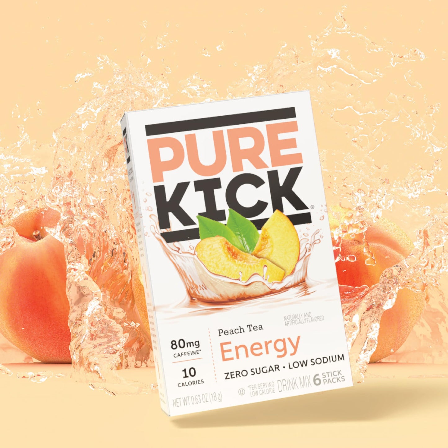Pure Kick Energy Singles To Go Drink Mix, Peach Tea, Includes 12 Boxes With 6 Packets In Each Box, 72 Total Packets