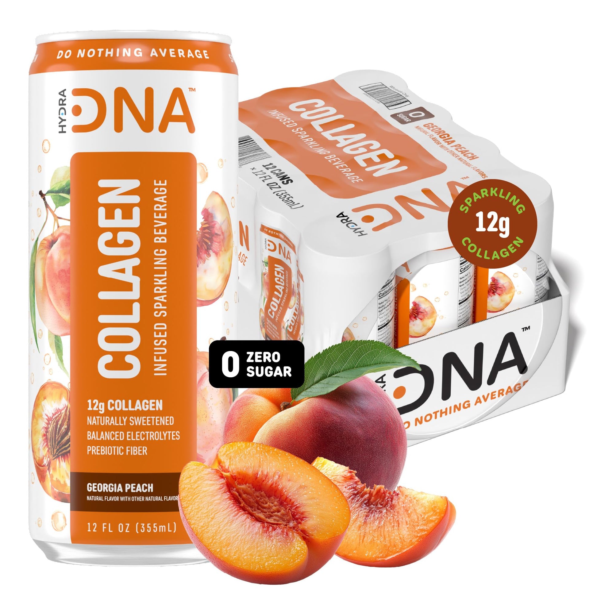 Hydradna- Sparkling Liquid Collagen Protein Water Drink Balanced Nutrients For Wellness - Sugar-Free - Keto-Friendly - No Gluten (12 Pack) Georgia Peach