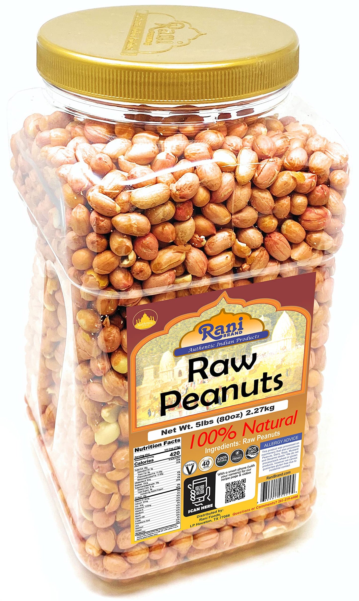 Rani Peanuts, Raw Whole With Skin (uncooked, unsalted) 96oz (6lbs) 2.72kg Bulk PET Jar ~ All Natural | Vegan | Gluten Friendly |