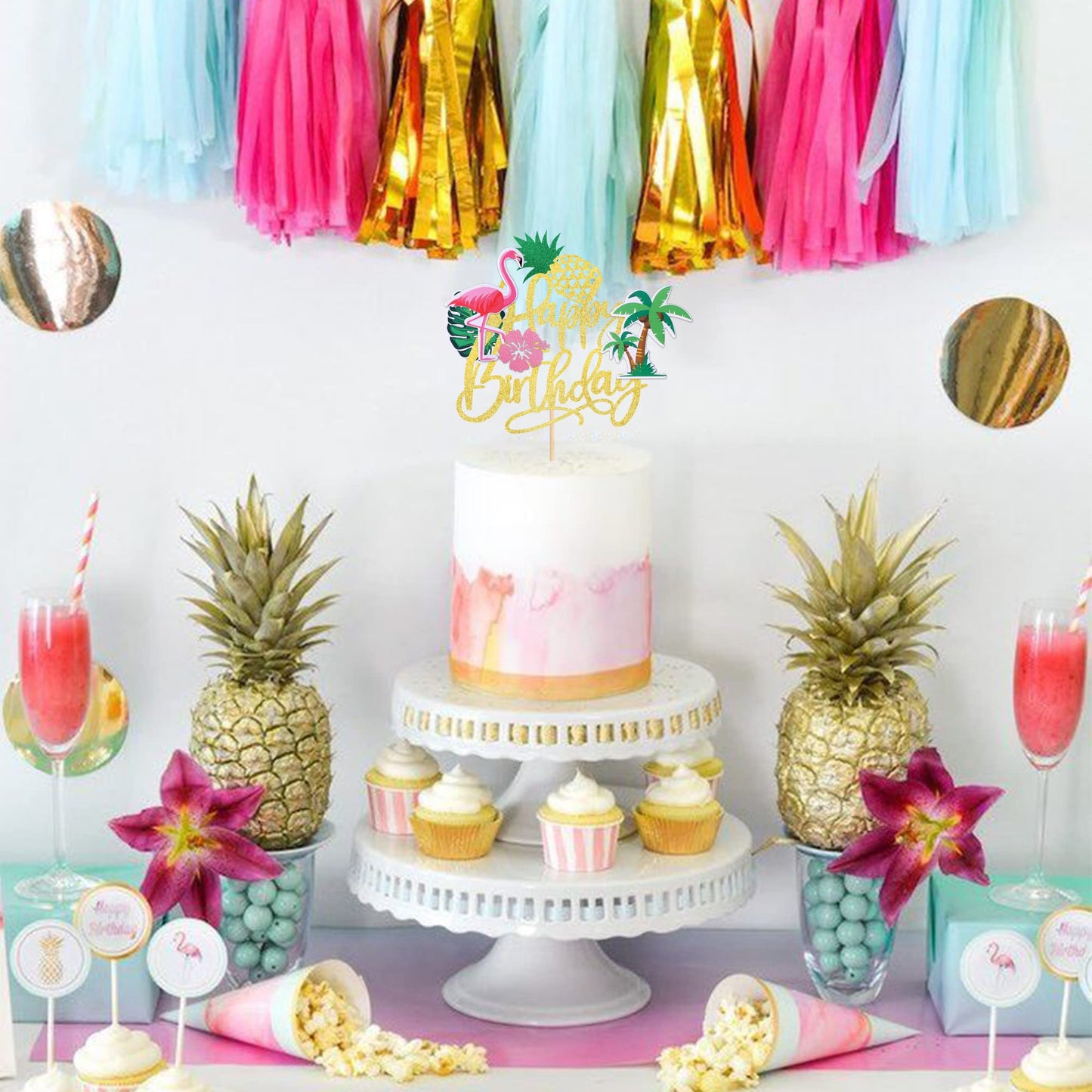 1 Pcs Flamingo Happy Birthday Cake Topper Glitter Palm Tree Turtle Leaf Flower Pineapple Flamingo Cake Pick Decorations For Tropical Hawaiian Luau Theme Baby Shower Kids Birthday Party Supplies
