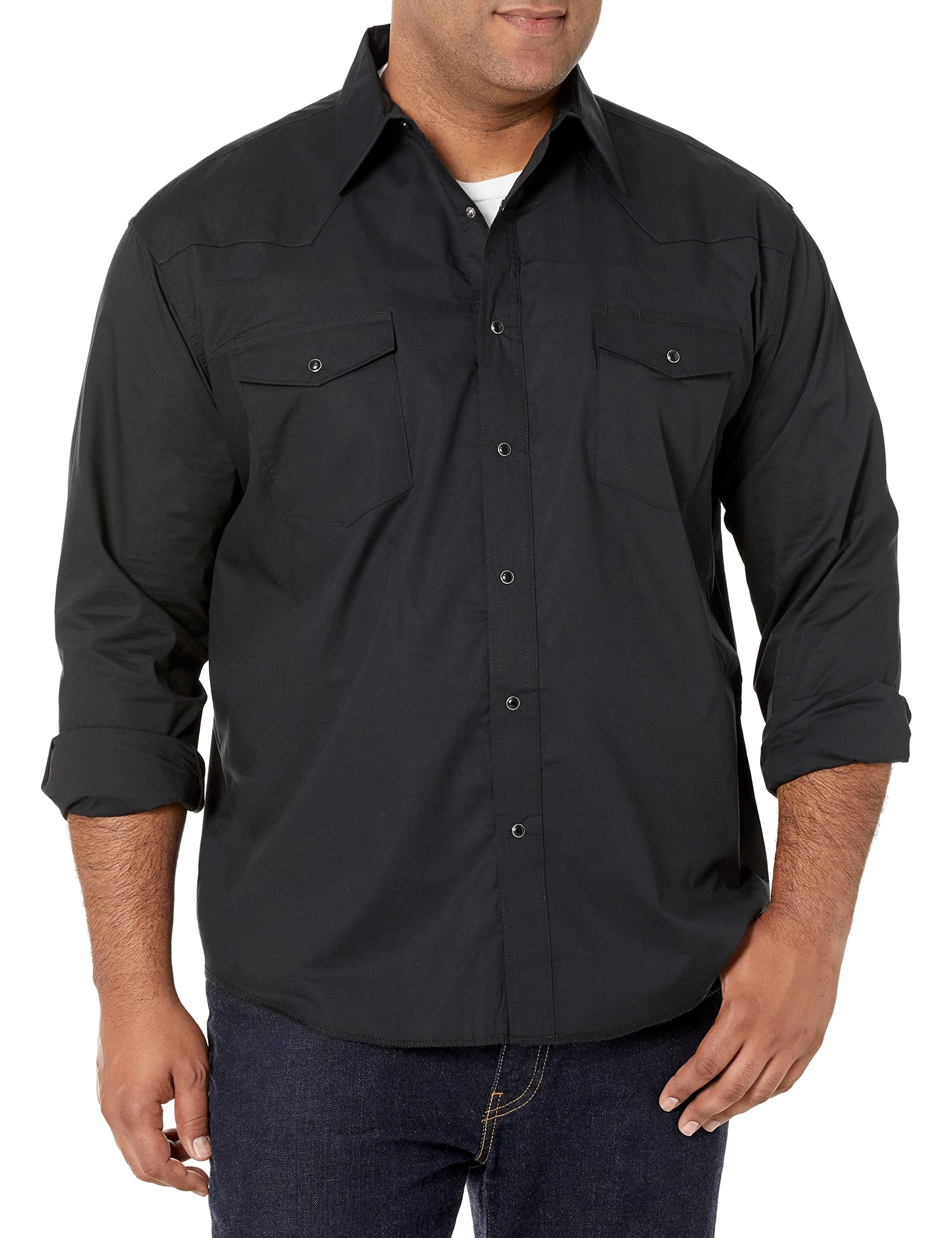 Wrangler Mens Sport Western Basic Two Pocket Long Sleeve Snap Shirt, Black, Xx-Large
