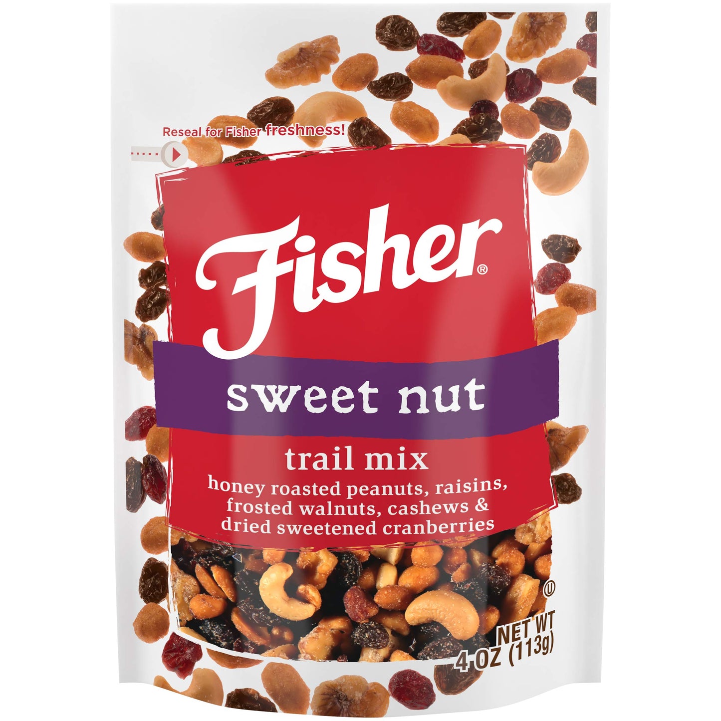 Fisher Snack Sweet Nut Trail Mix, 4 Ounces (Pack Of 6), Honey Roasted Peanuts, Raisins, Frosted Walnuts, Cashews, Dried Sweetene