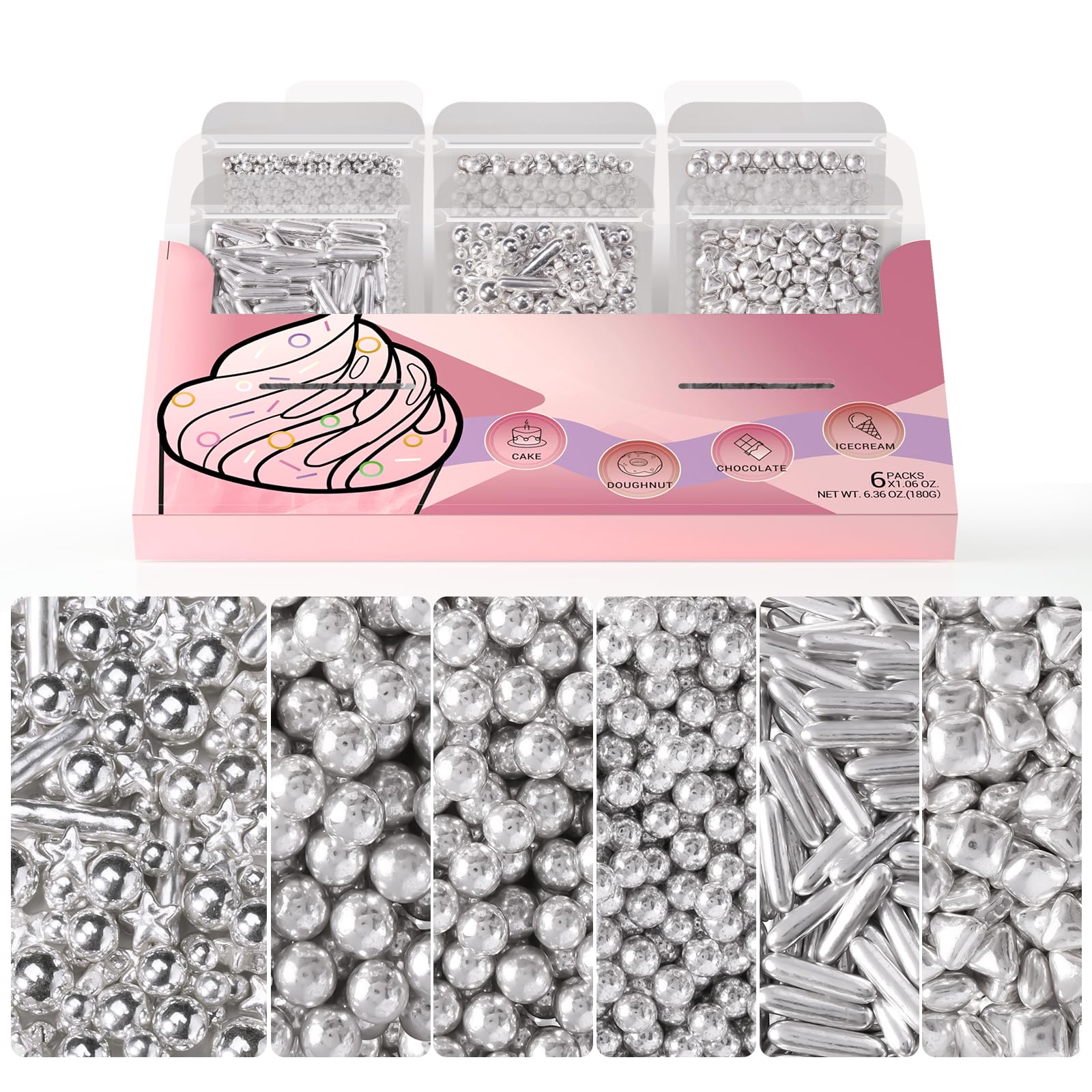 Huebeaty 6-in-1 Metallic Silver Cake Pearls Sprinkles, 180g - Silver Galaxy Star Sprinkles for Cake, Cupcakes, Cookies, Ice Cream