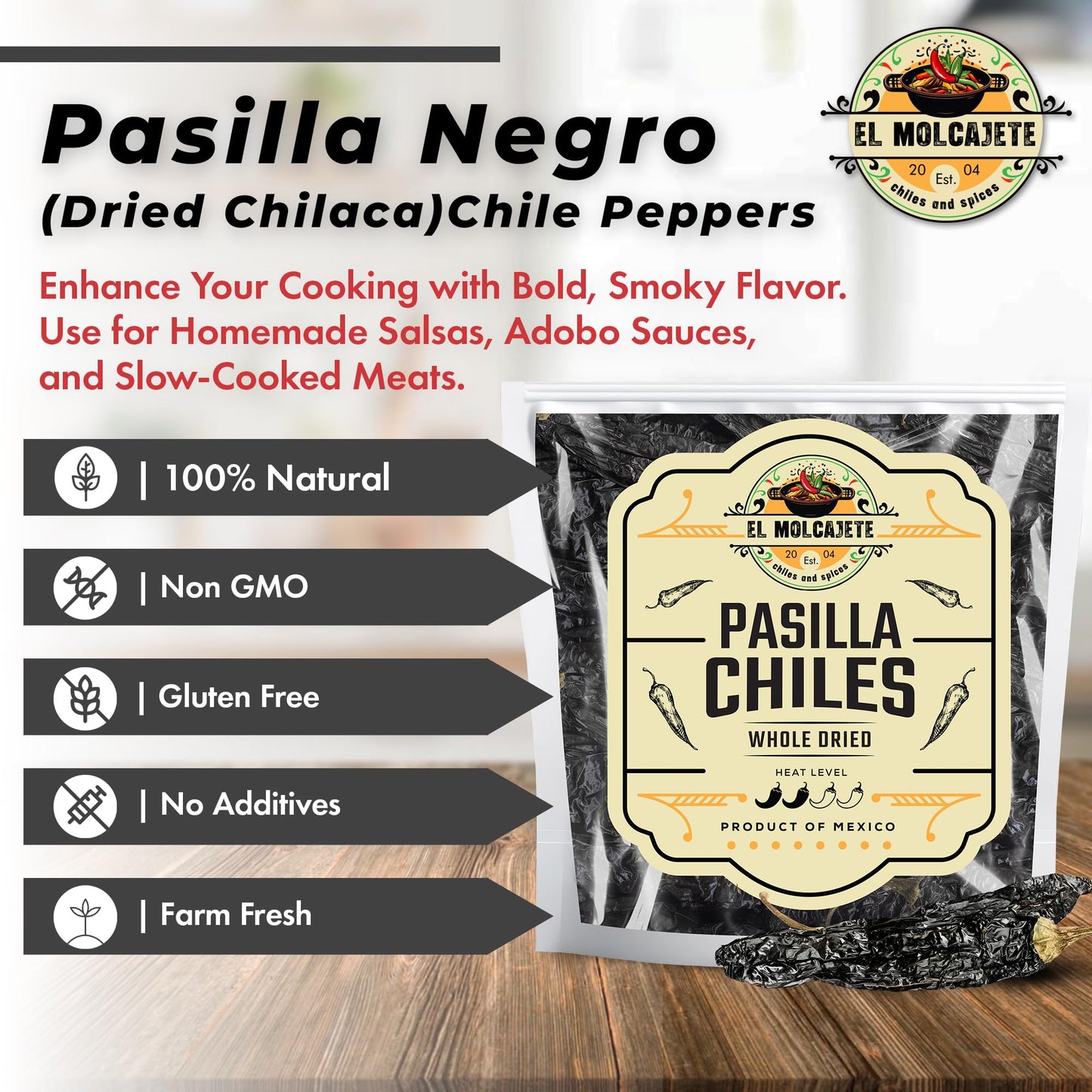 Dried Mexican Pasilla Negro Chilaca Chiles El Molcajete Brand 8 Oz Bag - Mexican Recipes, Chillies Tamales, Salsa, Chili, Meats,