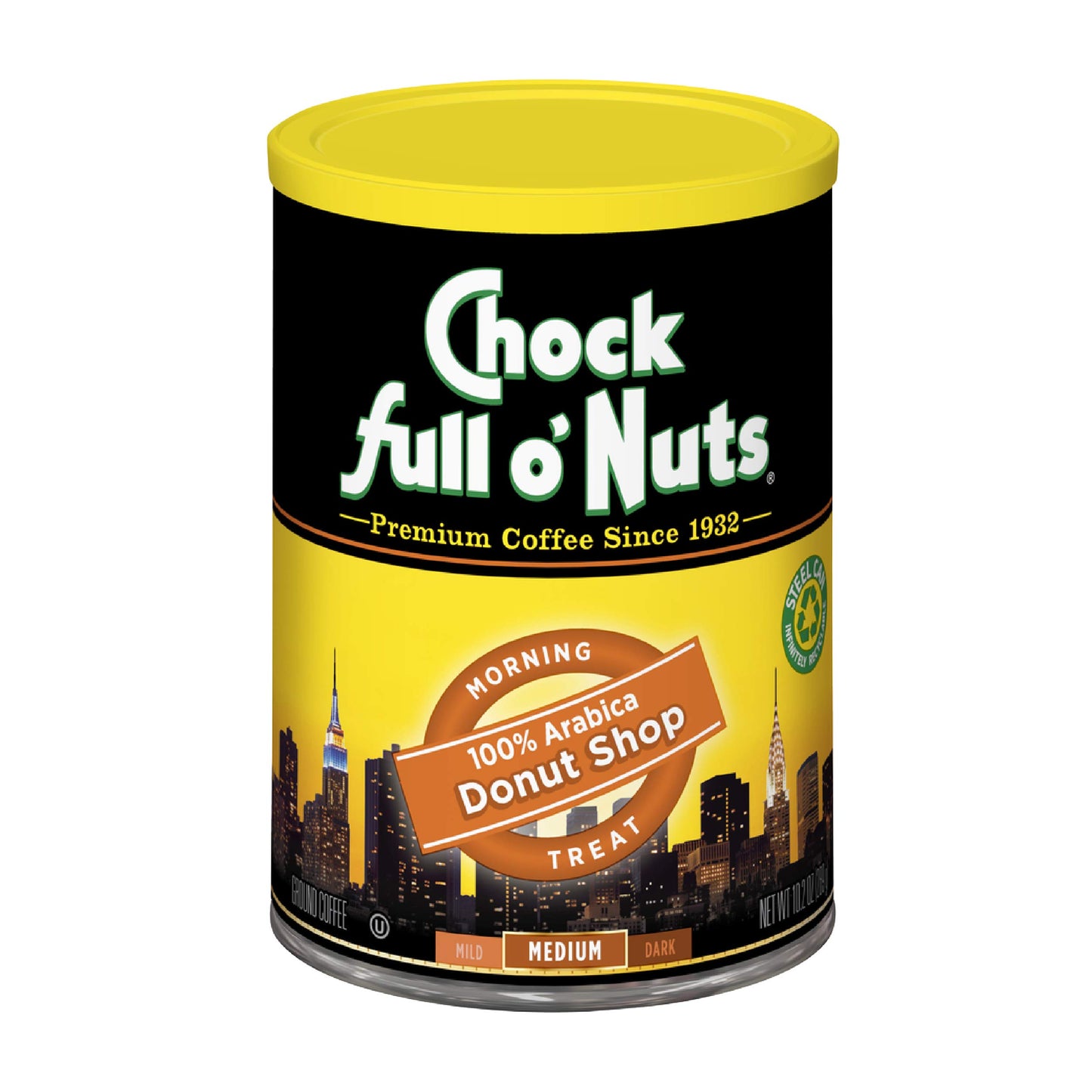 Chock Full Onuts Donut Shop Roast Ground Coffee  Light Roast - Arabica Coffee Beans - Mildly Roasted  Smooth-Flavored Breakfast Blend (10.2 Oz. Can)