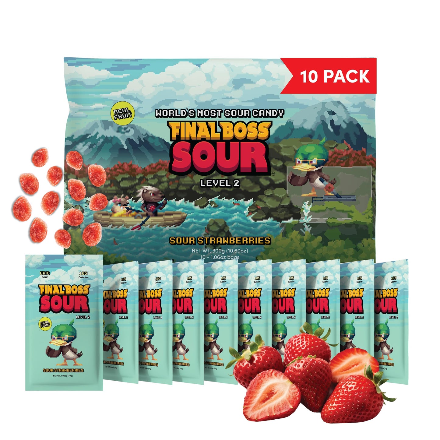 Final Boss Sour Candy  Extremely Super Sour Gummy Candy  Strawberry  LvL 2  (1.06 Ounces Bags  10 Bags) - Gummies Made with Dried Fruit  Free of Artificial Colors  Low Calorie Healthy Snack for Kids & mature-themeds
