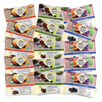 SUNNY FRUIT Organic Dried Fruit Assortment - Prunes, Figs & Apricots, 15 Packs (1.76 oz each), Vegan, Non-GMO, No Sugar Added