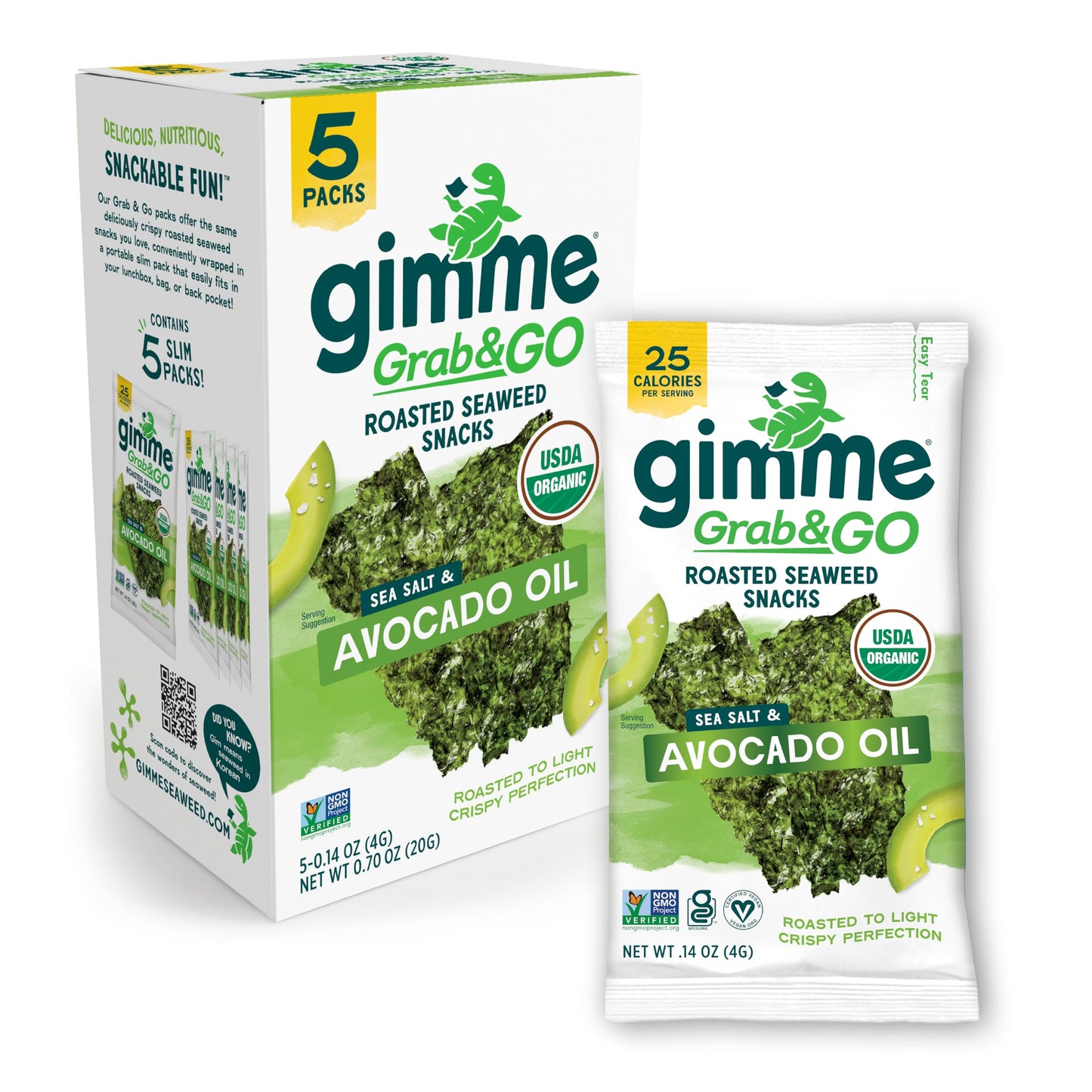 gimMe Seaweed Snacks - Organic Roasted - Sea Salt & Avocado Oil - 5 Count - Keto Vegan Gluten Free - Great Source of Iodine & Omega 3’s
