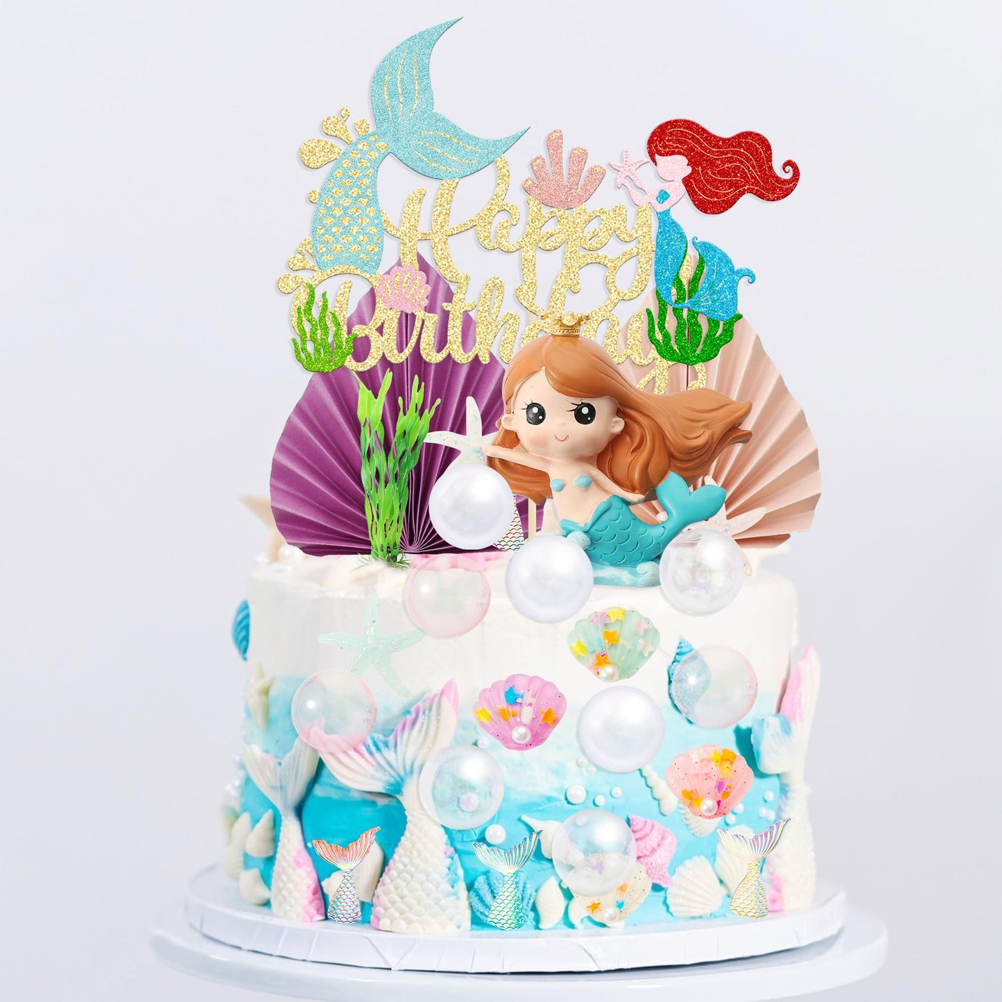 Gyufise 32Pcs 3D Mermaid Under The Sea Cake Toppers Set Mermaid Tail Starfish Seaweed Shell Bubble Palm Leaf Cupcake Picks For U
