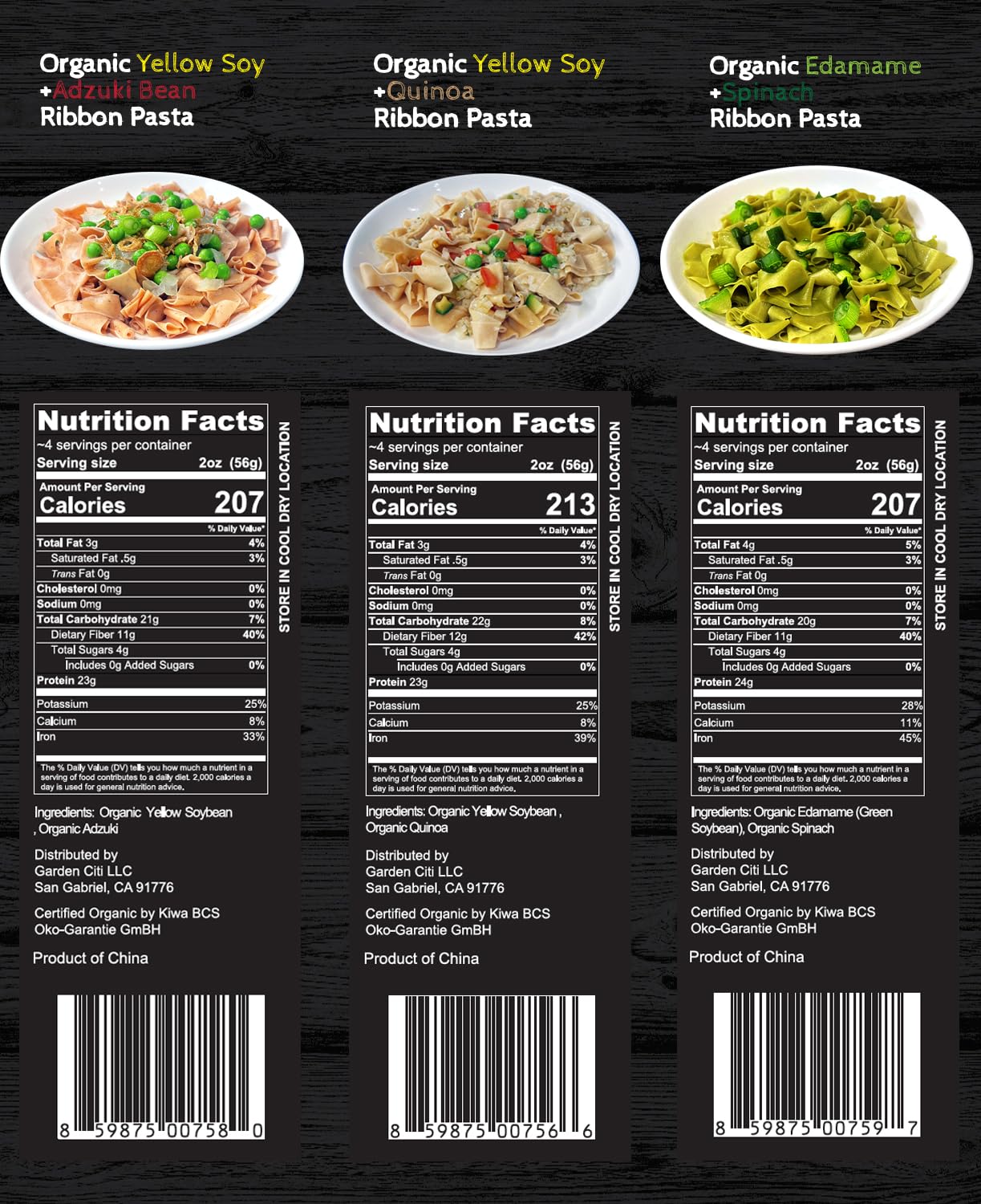 Tpl 3 Pack Organic Bean Ribbon Cut Artisan Pasta Combo Sampler Pack Edamame Soy With Spinach Adzuki Quinoa - Keto Low Carb Prote