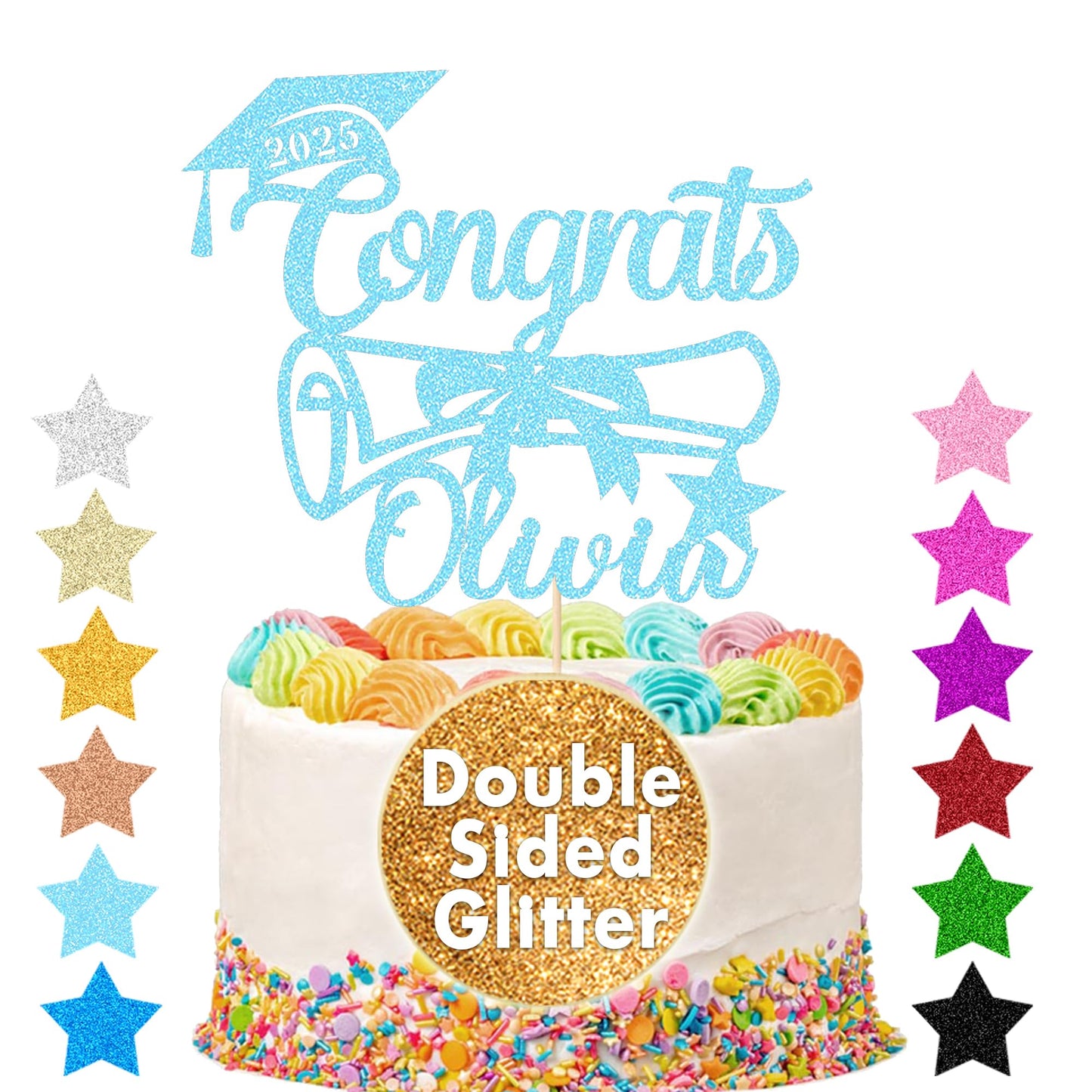 EDSG Personalized Graduation Cake Topper Double Sided Glitter Baby Blue Class of 2025 Cake Decoration