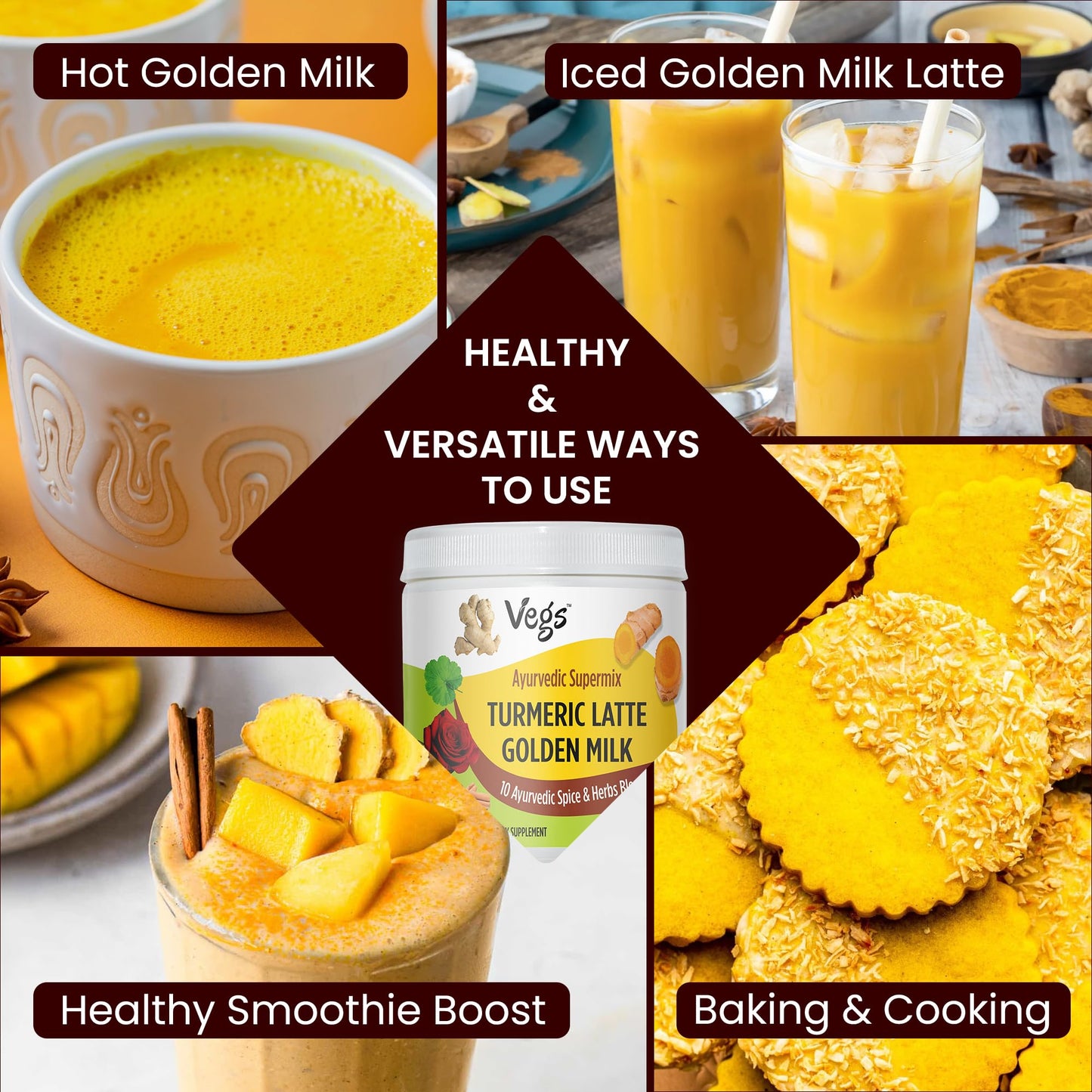 Vegs Turmeric Latte Golden Milk - Ayurvedic Super Spice Mix Golden Milk with Turmeric, Ginger, Rose Petals, Cinnamon, Ashwagandh