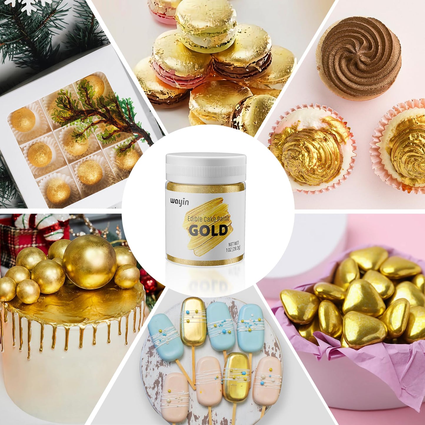 Gold Food Coloring Metallic Glitter Paint For Baking-Wayin Upgraded Vibrant Color Edible Glitter Cake Paint For Art Decorative F